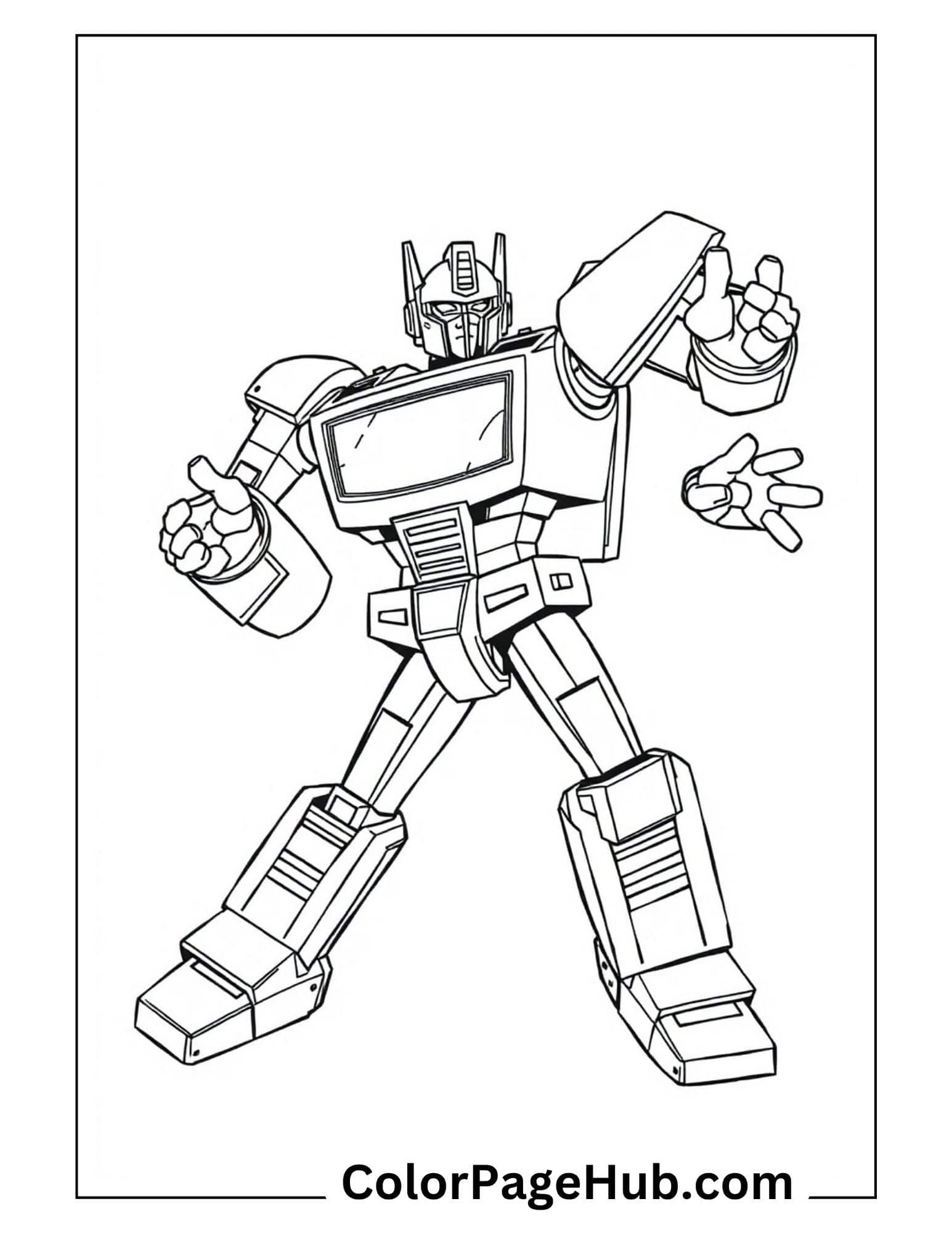 Optimus Prime in dynamic battle pose with arms raised - classic G1-style Transformers coloring pages for fans of the heroic Autobot leader