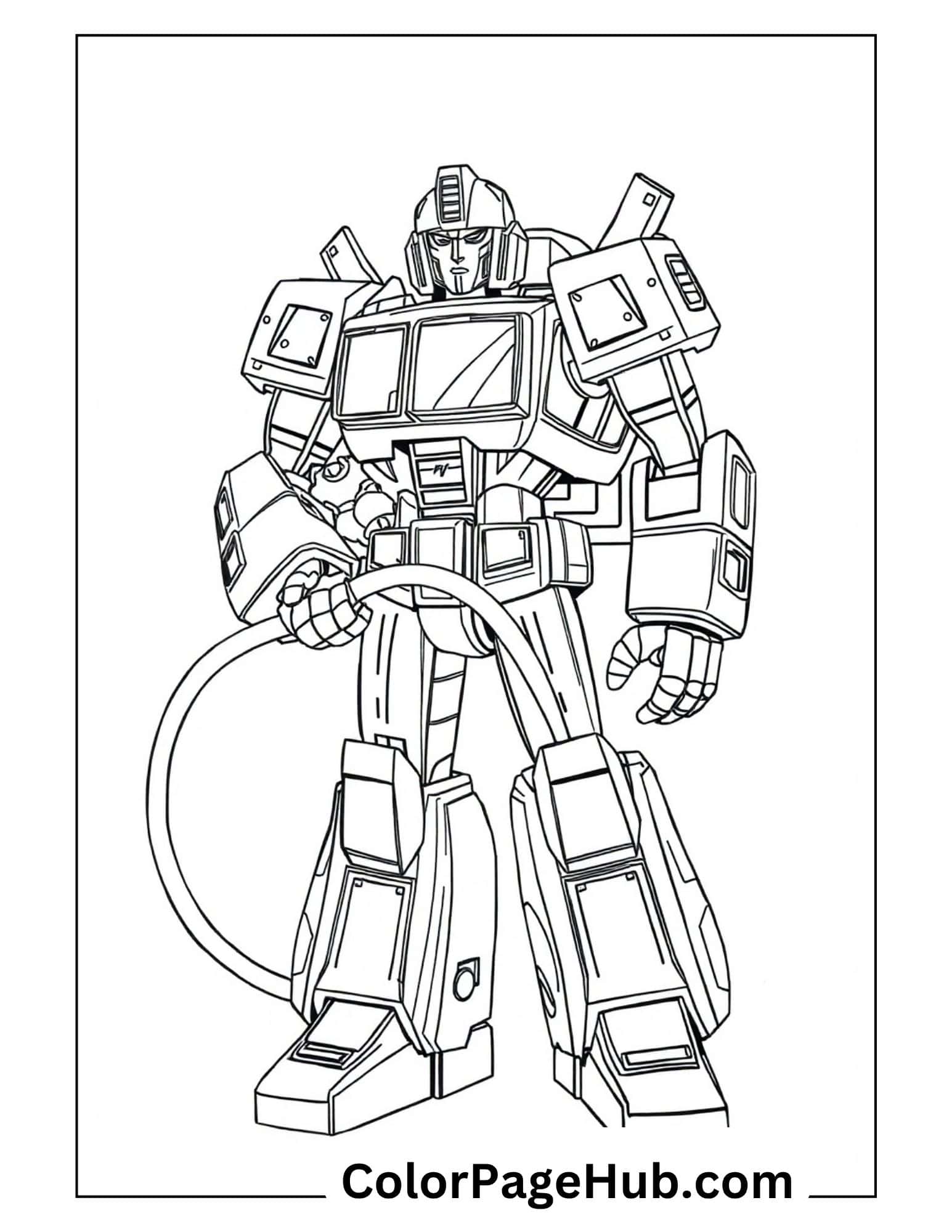 Classic Autobot leader holding rescue hose - firefighting-themed Transformers coloring pages for young robot and rescue heroes fans
