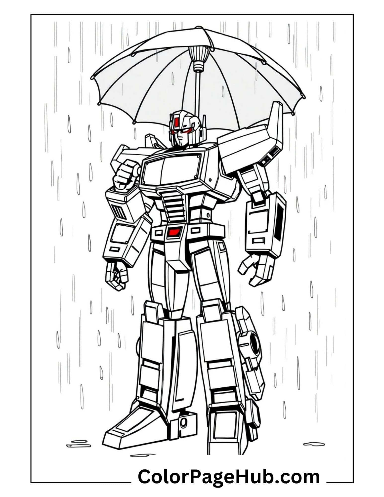 Robot warrior staying dry with umbrella during rainstorm - unique weather-themed Transformers coloring pages for rainy day activities