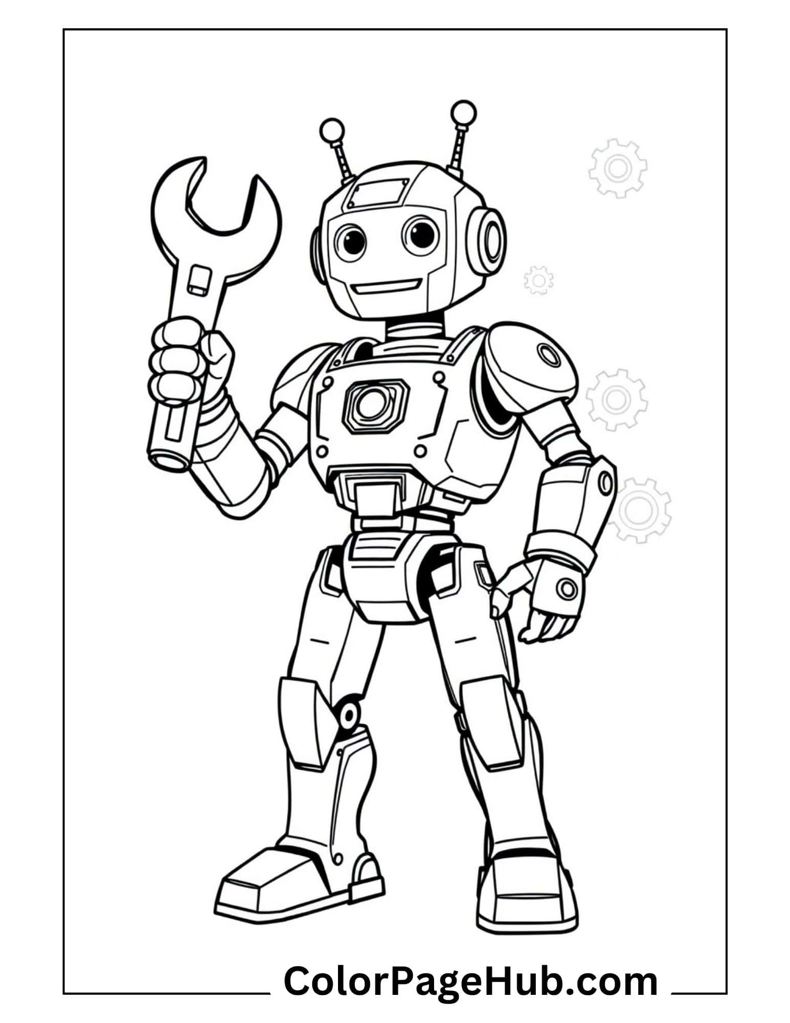 Friendly mechanic robot holding wrench with gear background - Transformers coloring pages for young engineers and robot fans