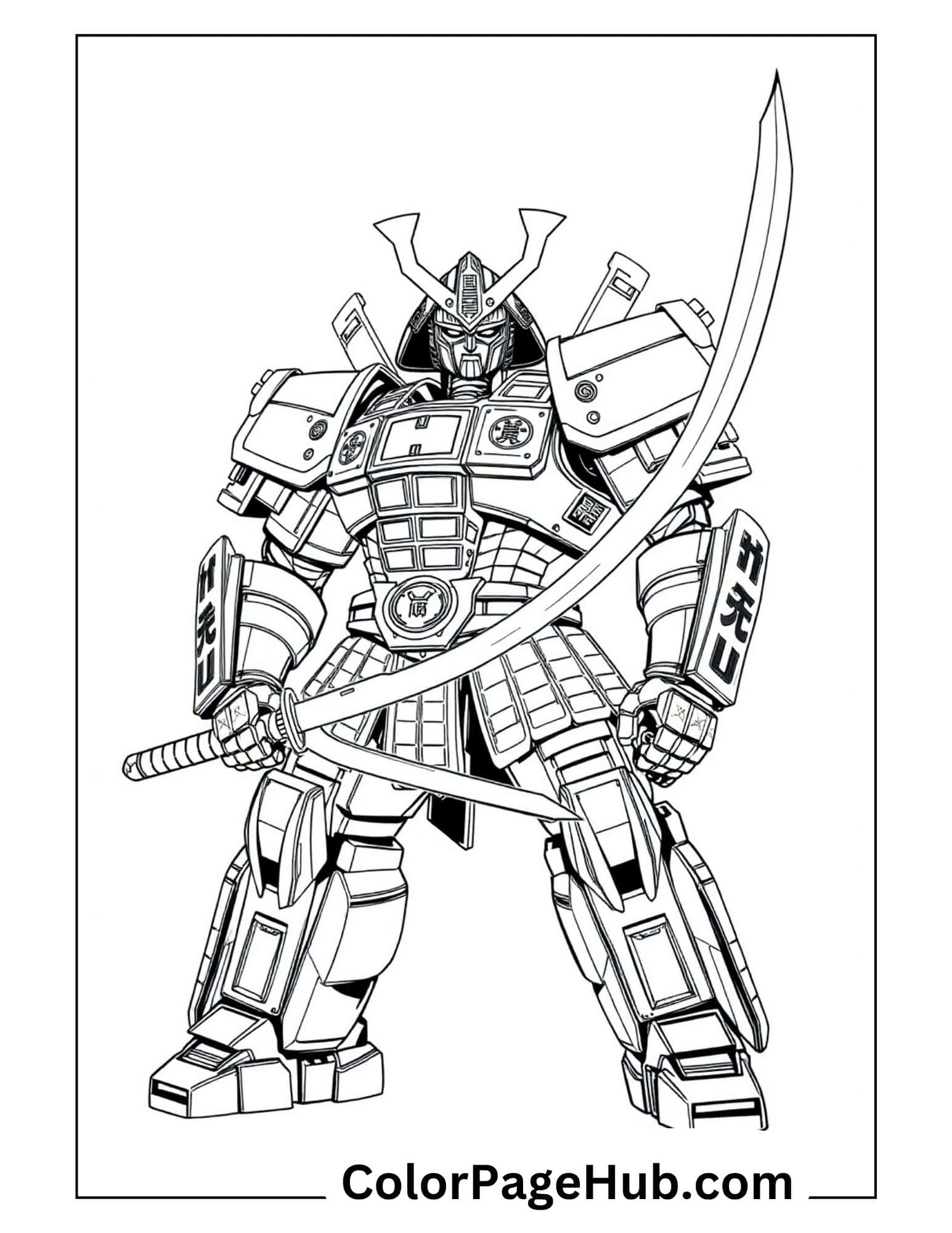Samurai-style Transformer warrior with katana sword - detailed Transformers coloring pages featuring Japanese-inspired robot design