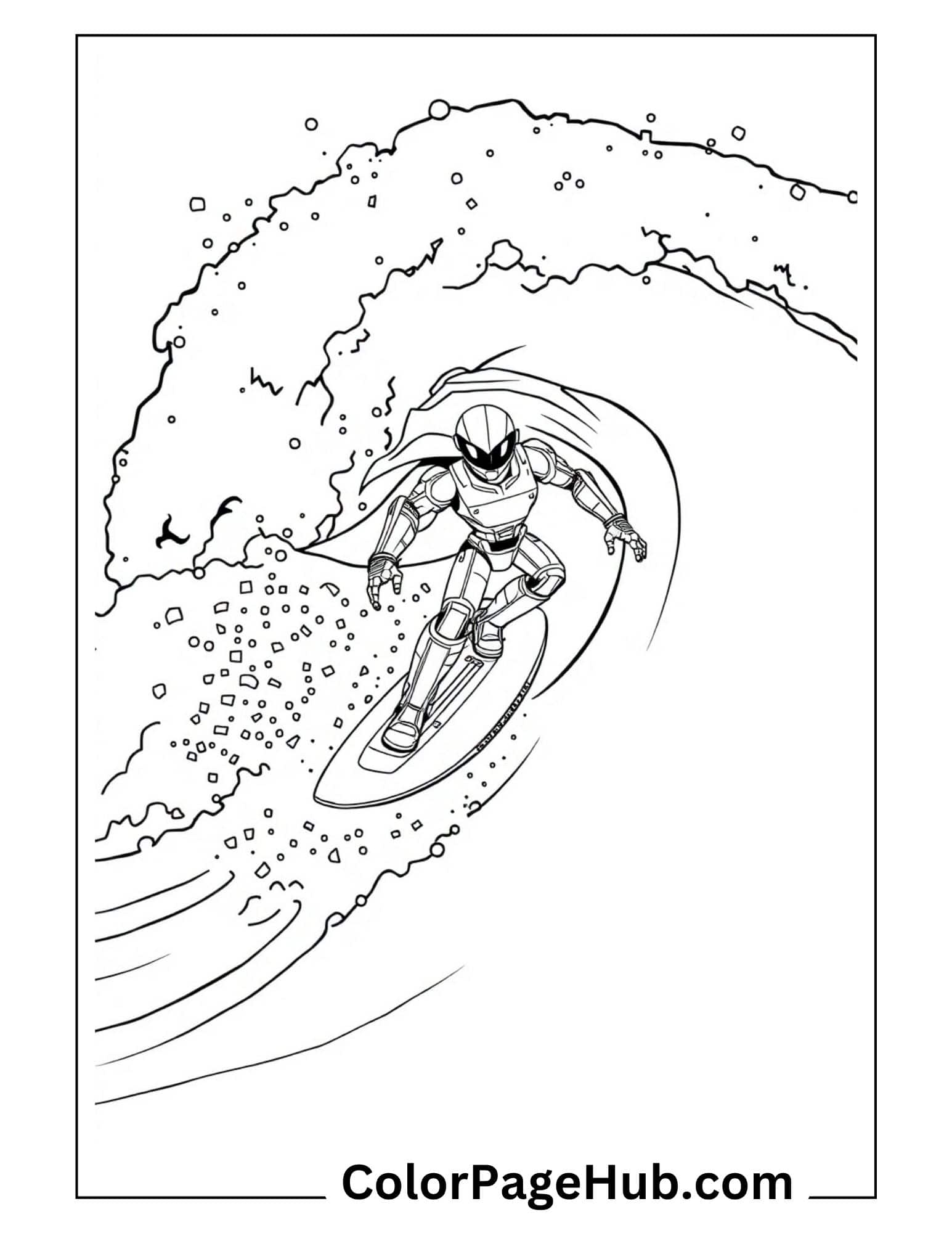 Robot surfer riding massive ocean wave - action-packed Transformers coloring pages for kids who love mechanical heroes and beach adventures