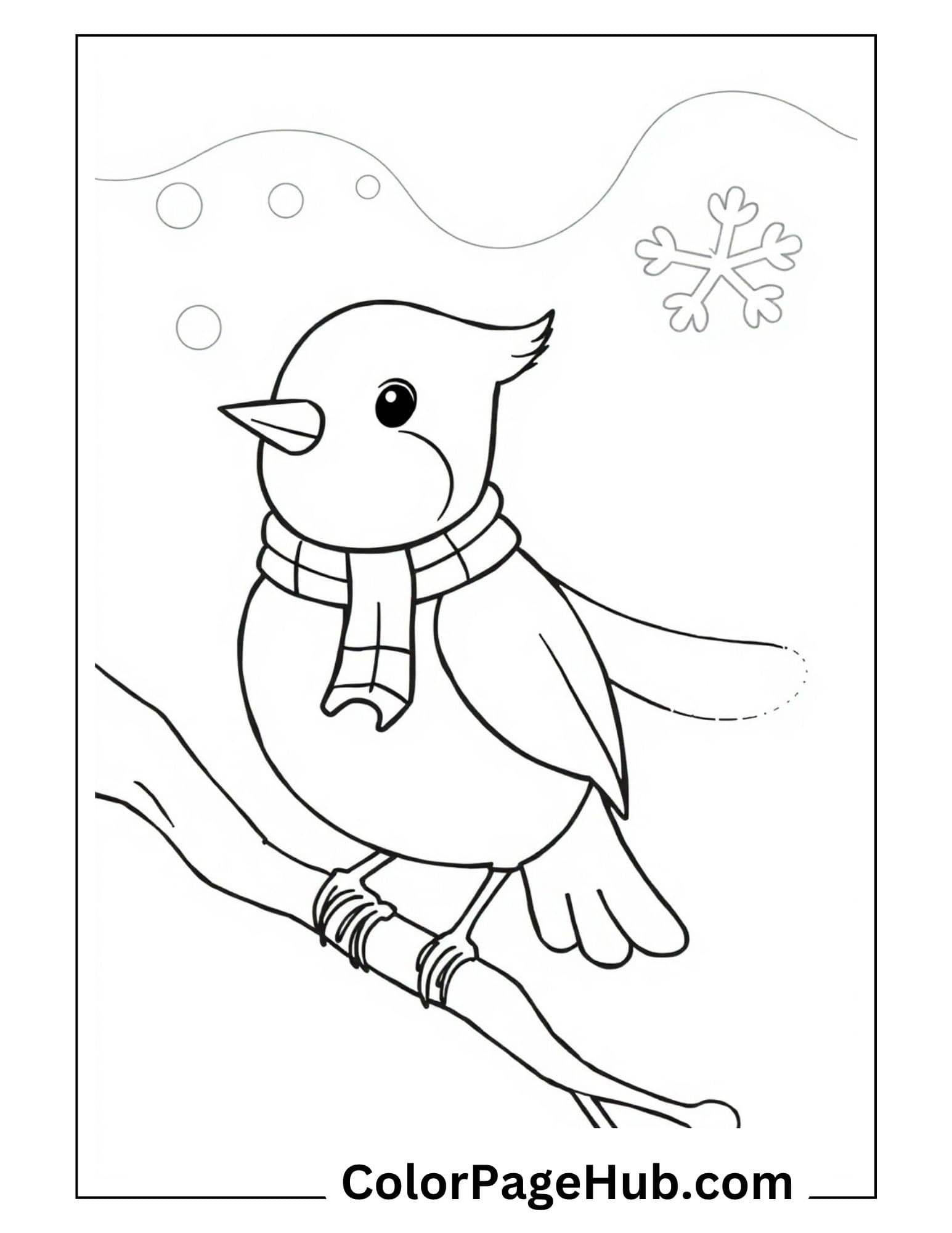 Bird coloring pages with cute winter bird wearing scarf on snowy branch with falling snowflakes - seasonal design