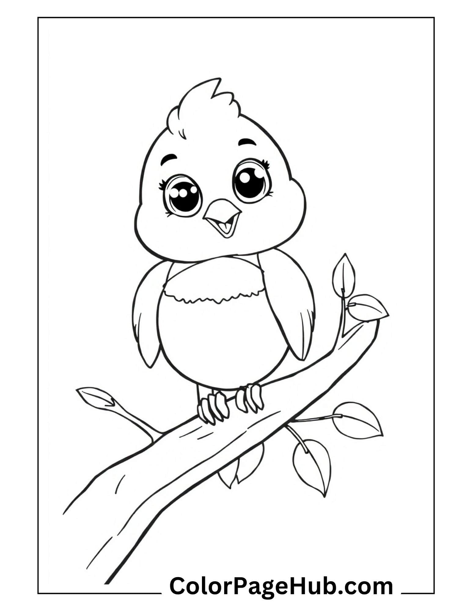 Bird coloring pages featuring cute baby chick with big eyes sitting on leafy branch - free printable kids design