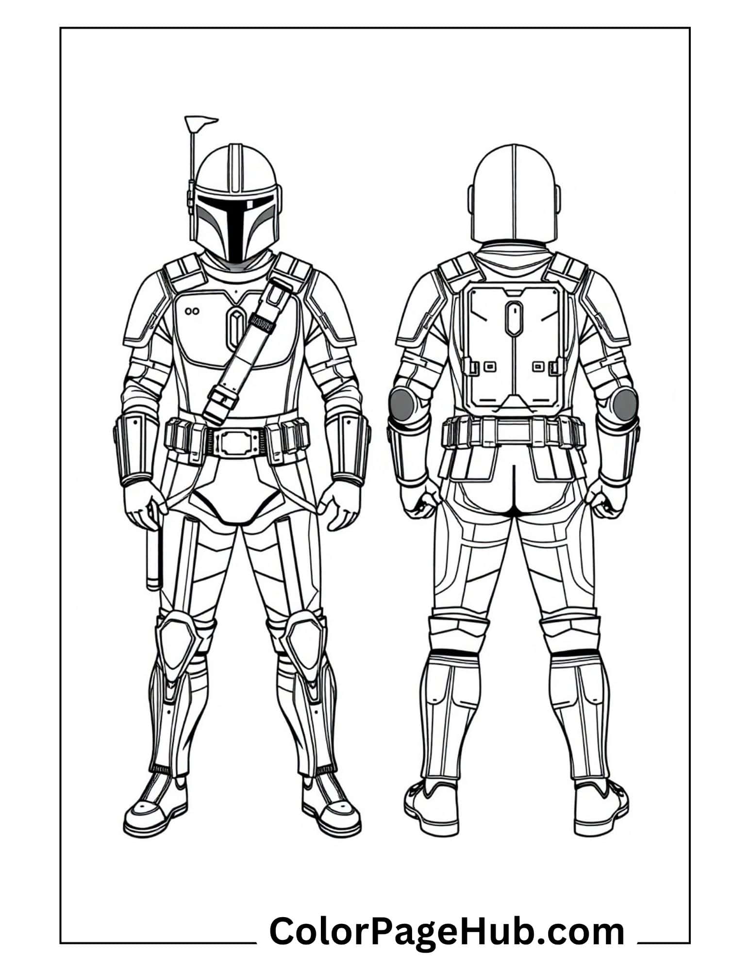 Mandalorian armor front and back view with jetpack - detailed Mandalorian coloring pages for kids and adults