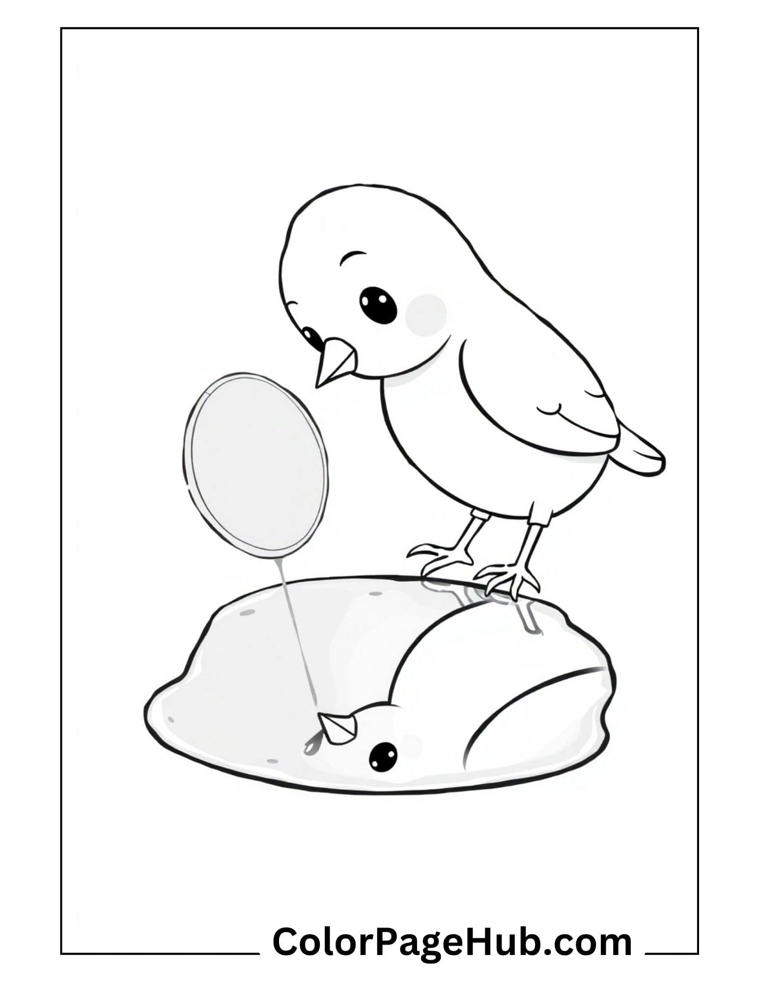 Bird coloring pages featuring cute baby chick hatching from egg with mirror reflection - adorable printable design