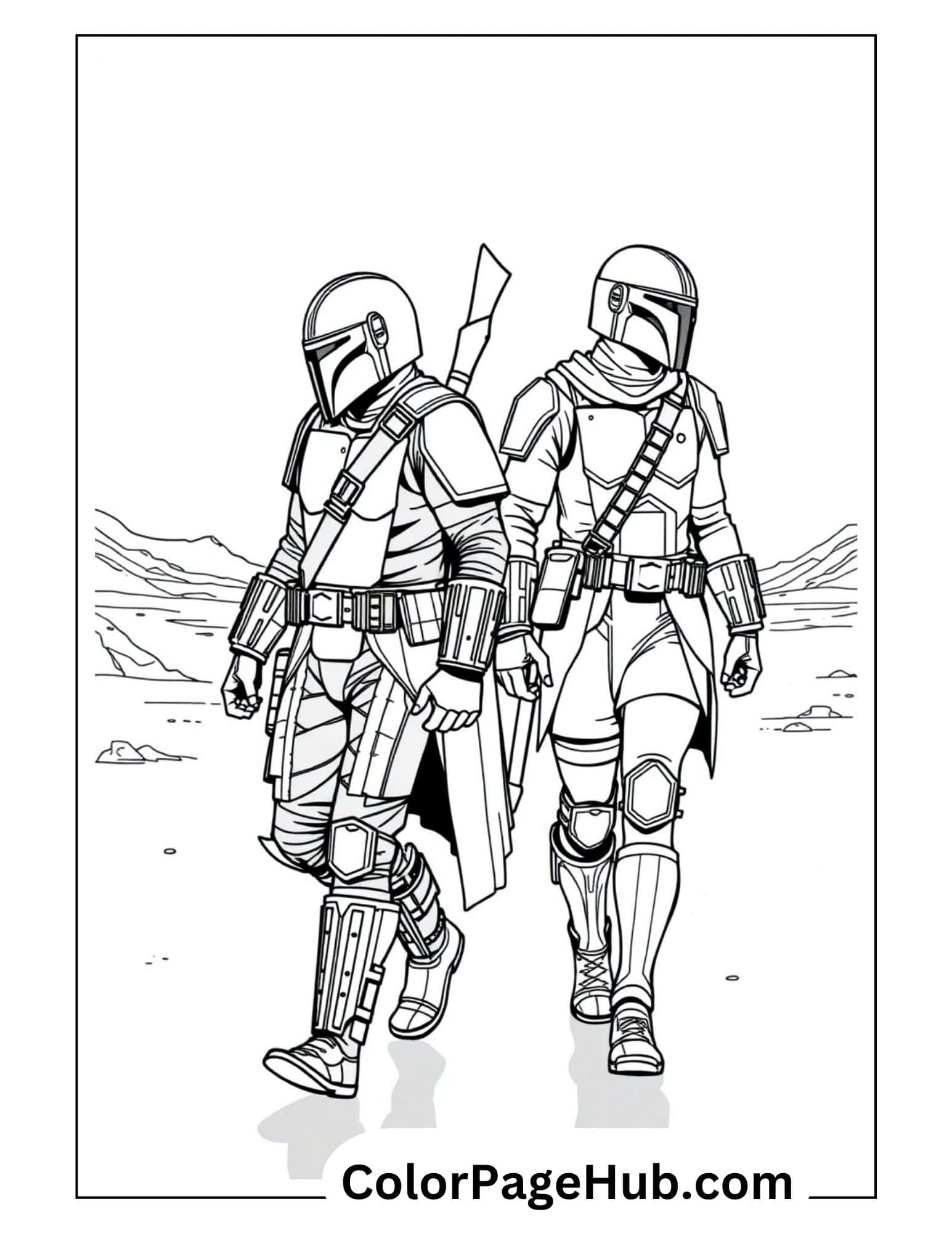 Two Mandalorian warriors walking together in armor with weapons - free printable Mandalorian coloring pages for kids
