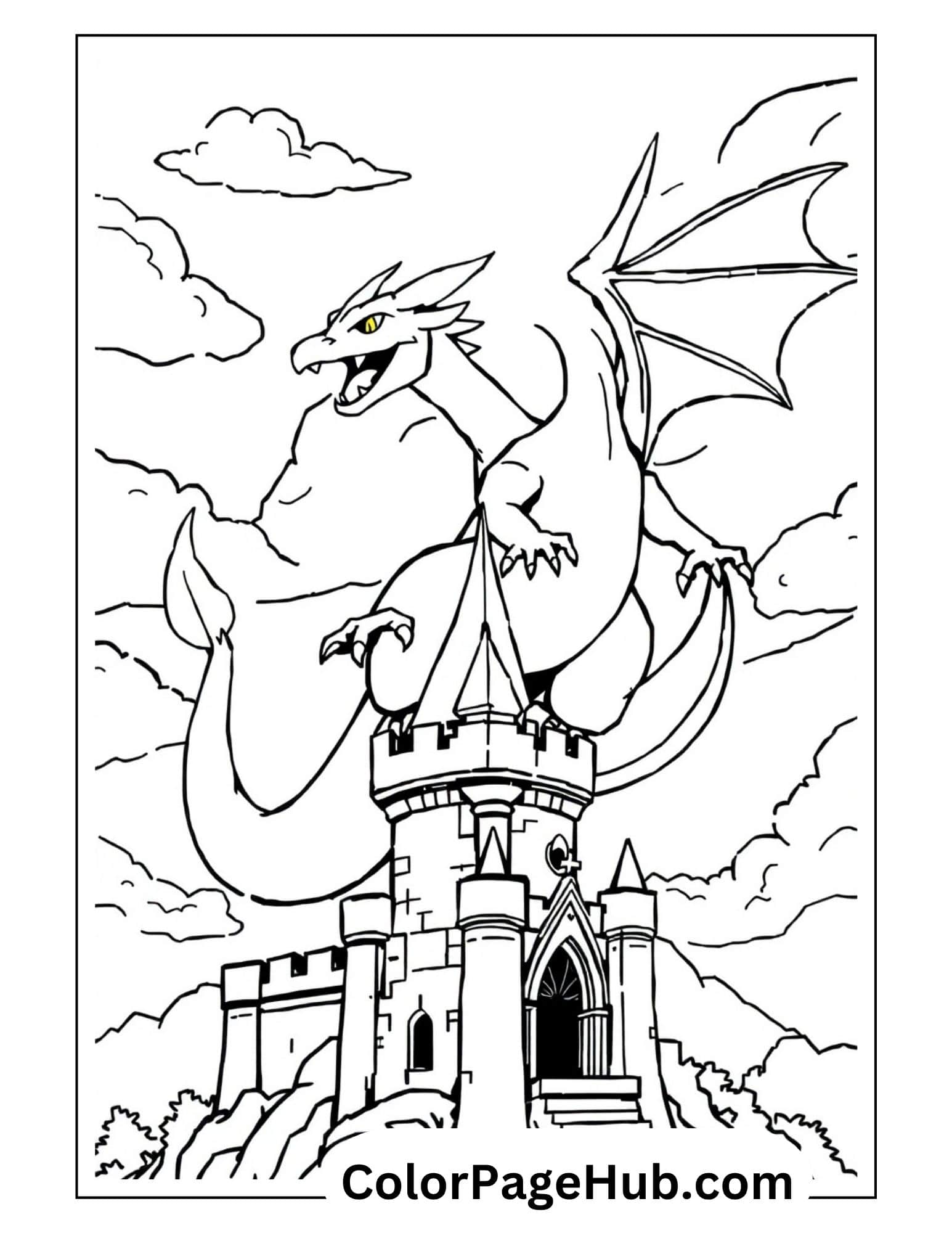 Charizard coloring pages showing fierce dragon attacking medieval castle with towers - printable outline for kids