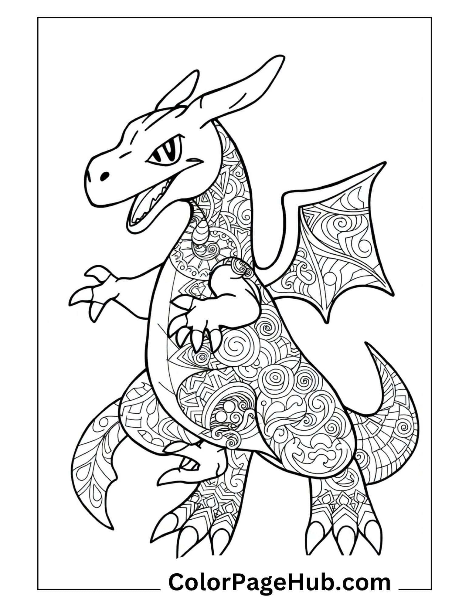 Detailed mandala Charizard with intricate patterns from Charizard coloring pages collection for kids and adults