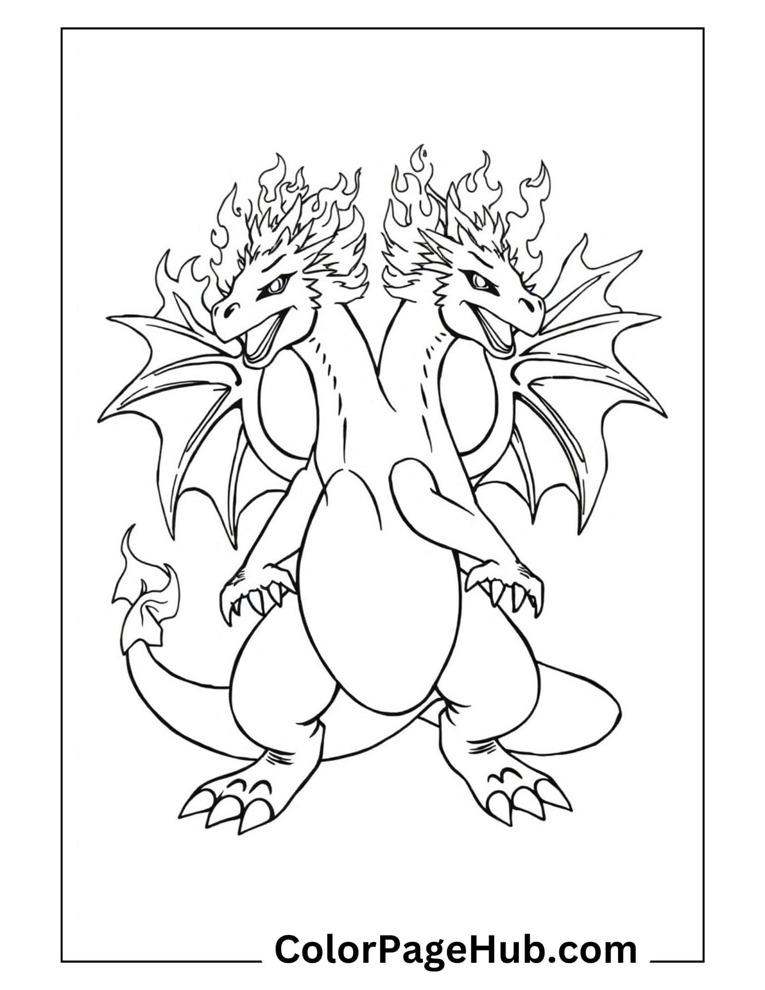 Epic twin-headed Charizard with flames from Charizard coloring pages collection perfect for kids to print and color