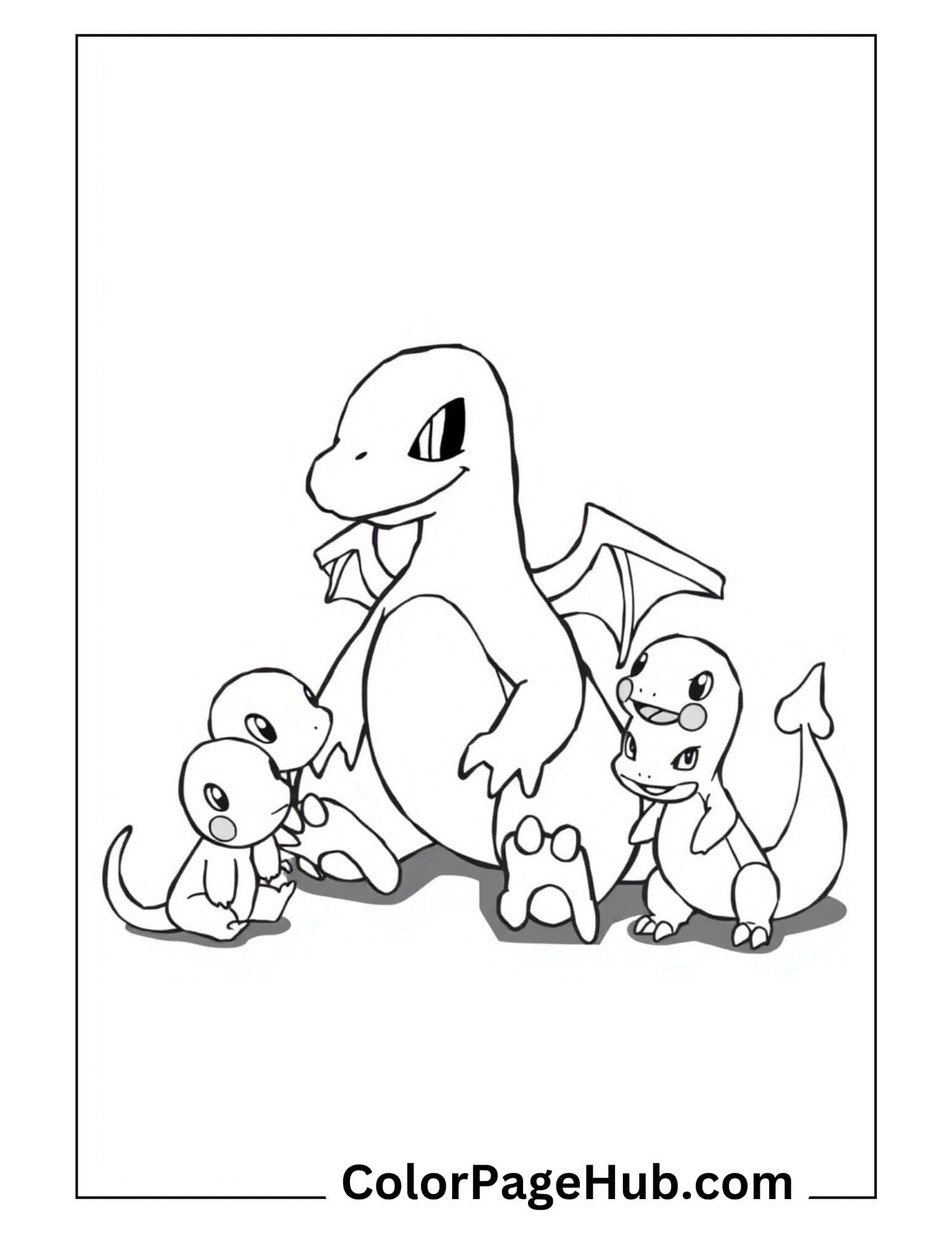 Pokemon evolution Charizard coloring pages - family group with Charmander, Charmeleon and Charizard together