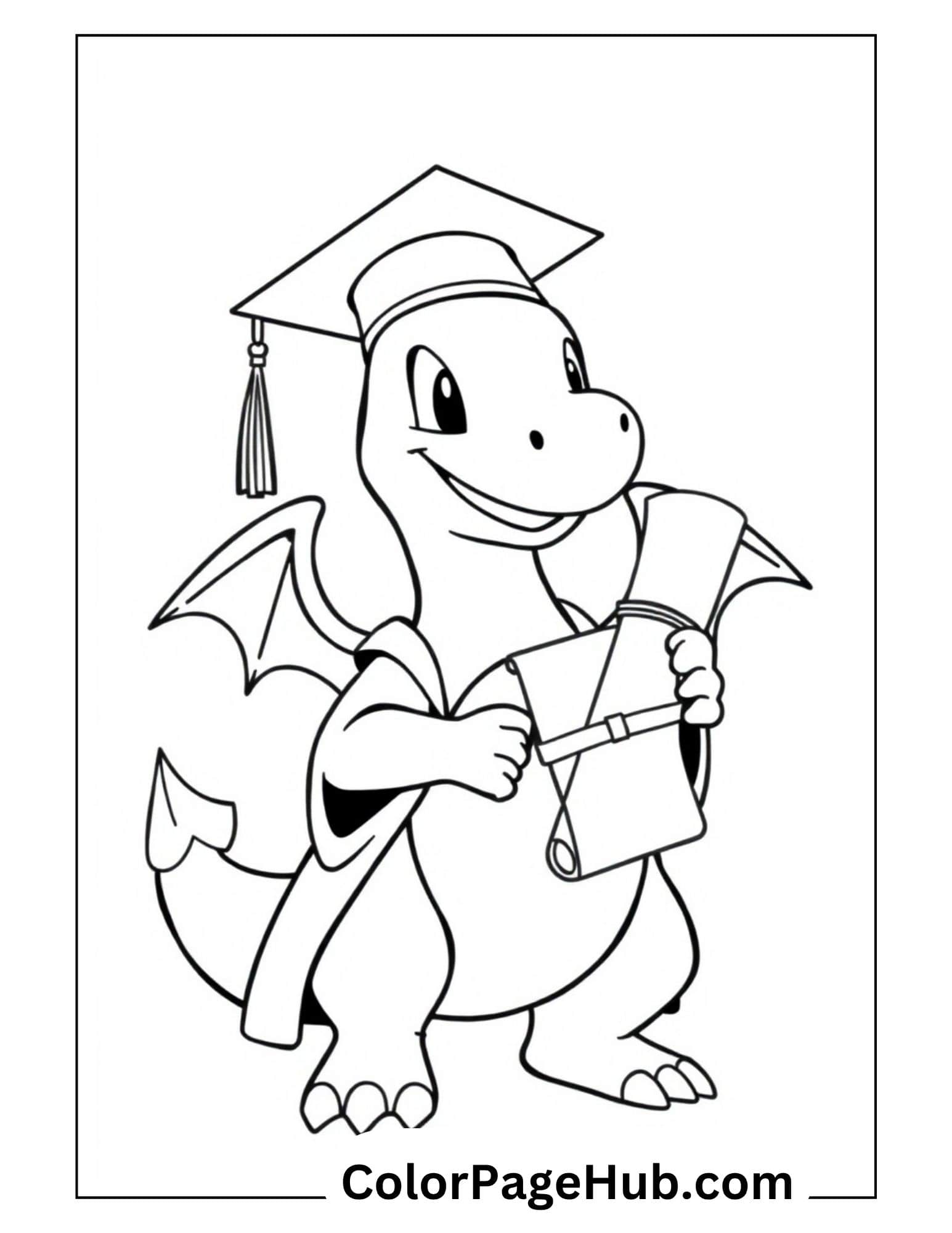 Smart Charizard graduate with cap and diploma from Charizard coloring pages collection perfect for kids to print