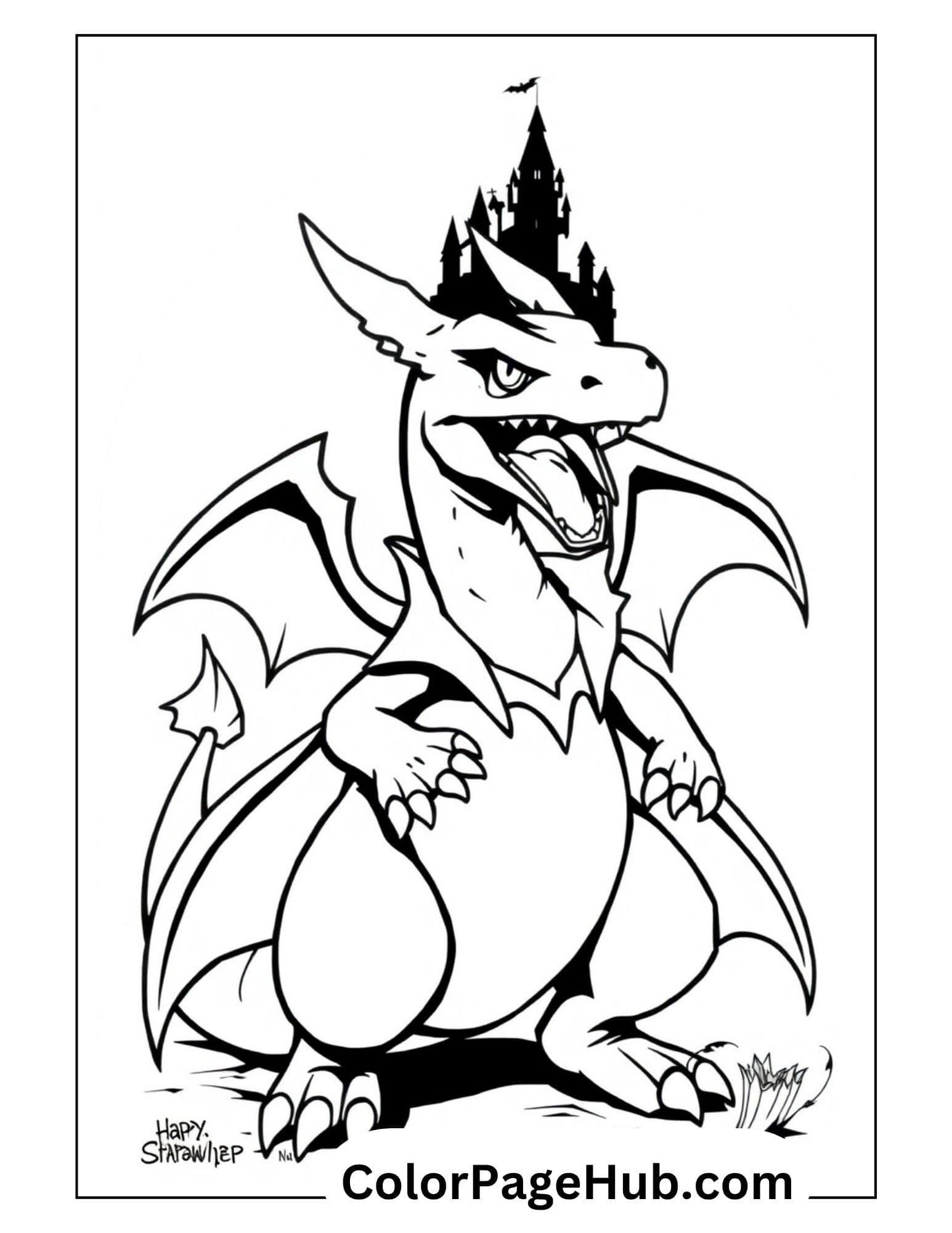 Mighty Charizard roaring with castle silhouette background from Charizard coloring pages for kids to print and color