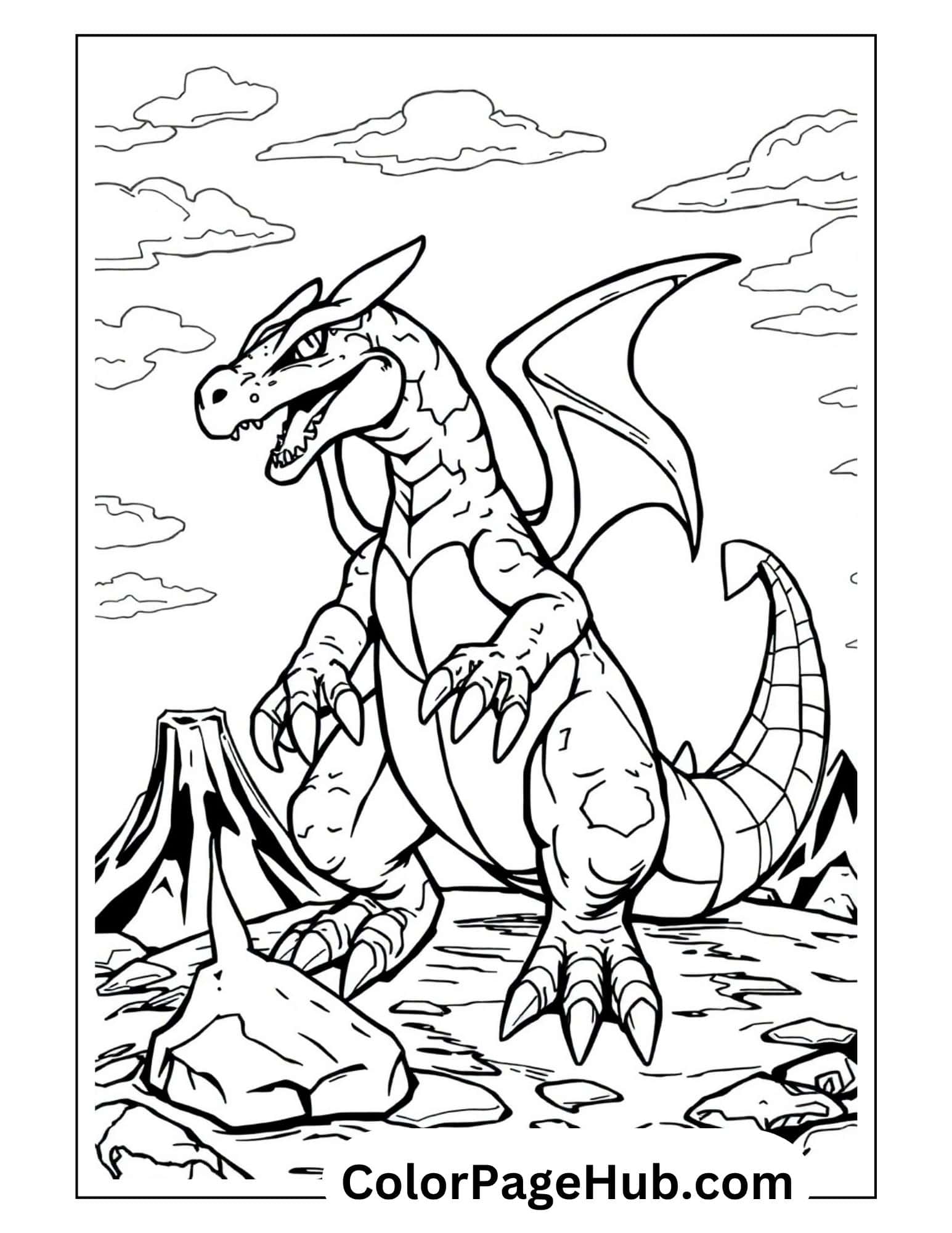 Fierce Charizard dragon in rocky landscape from Charizard coloring pages collection ready to print and color for kids