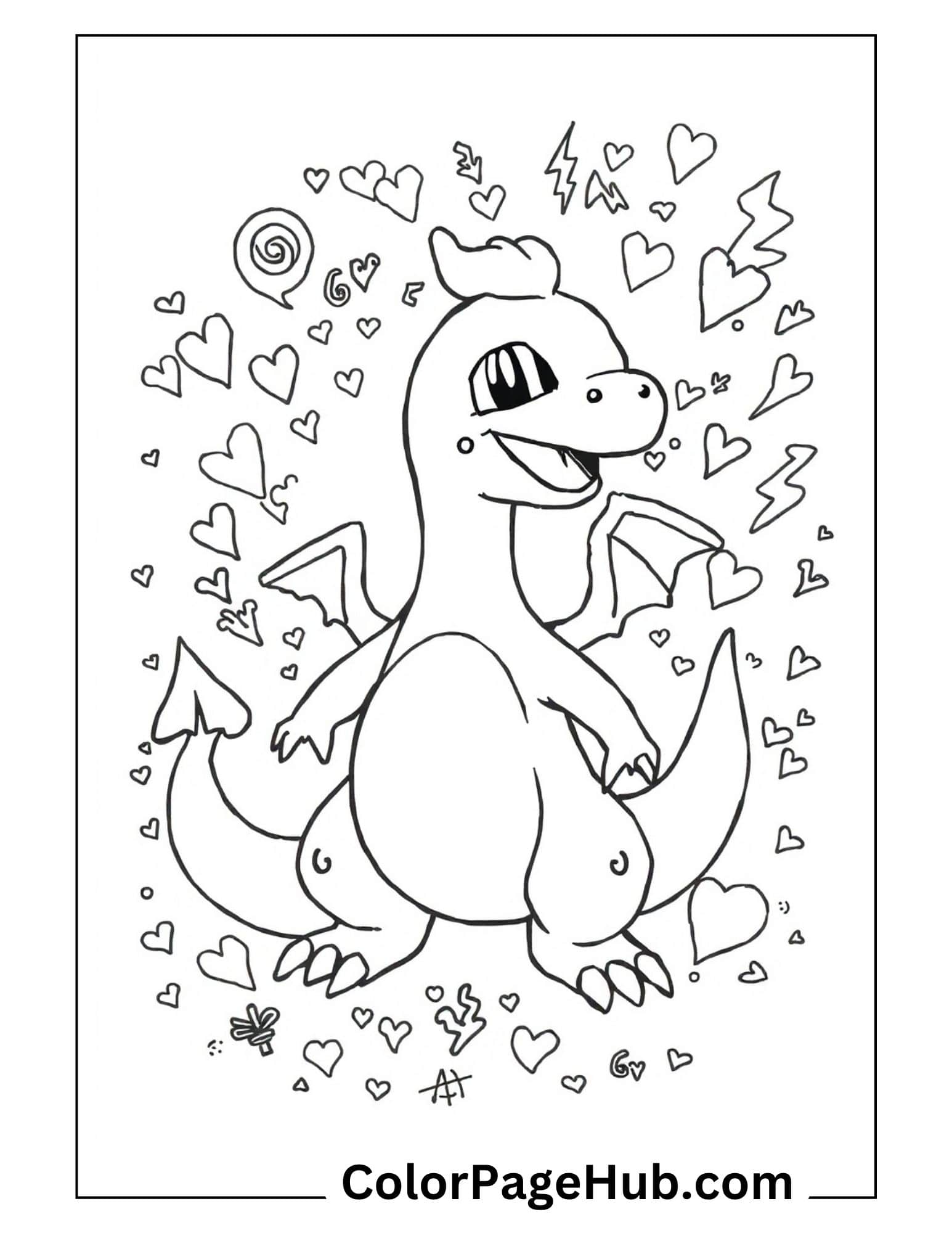 Adorable Charizard surrounded by hearts and doodles from Charizard coloring pages collection for kids to print