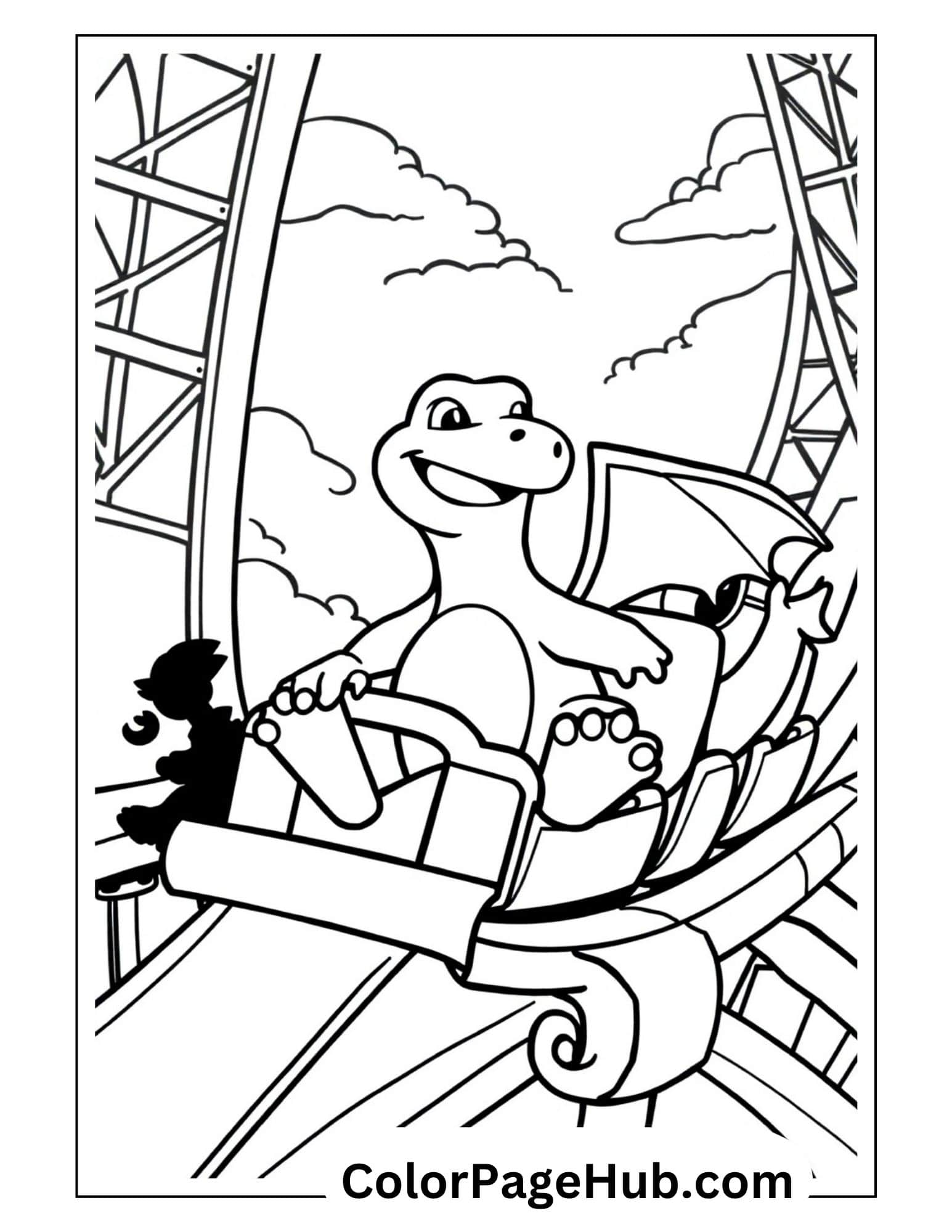 Fun Charizard riding roller coaster at amusement park from Charizard coloring pages collection for kids to print