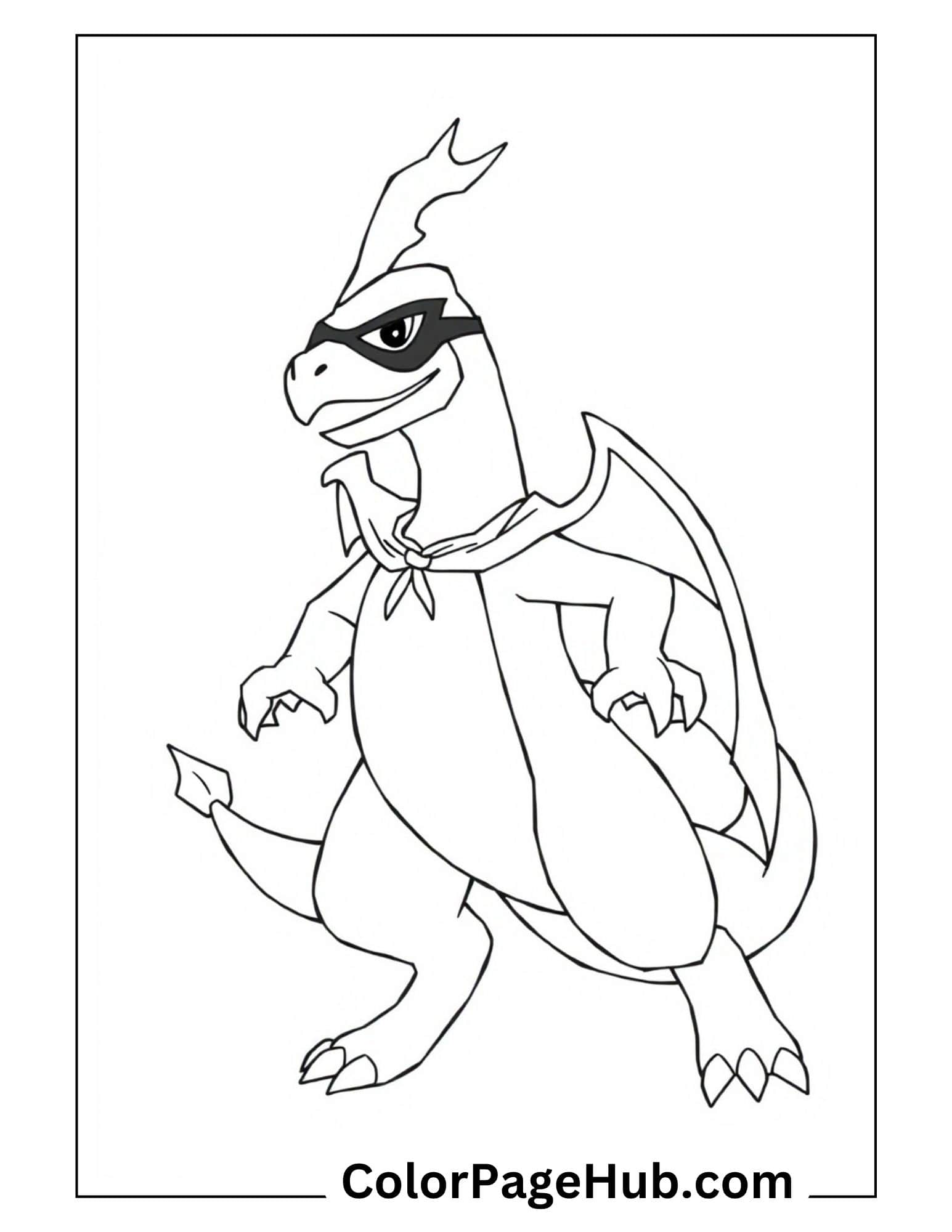 Cool Charizard wearing superhero mask from Charizard coloring pages collection perfect for kids to print and color