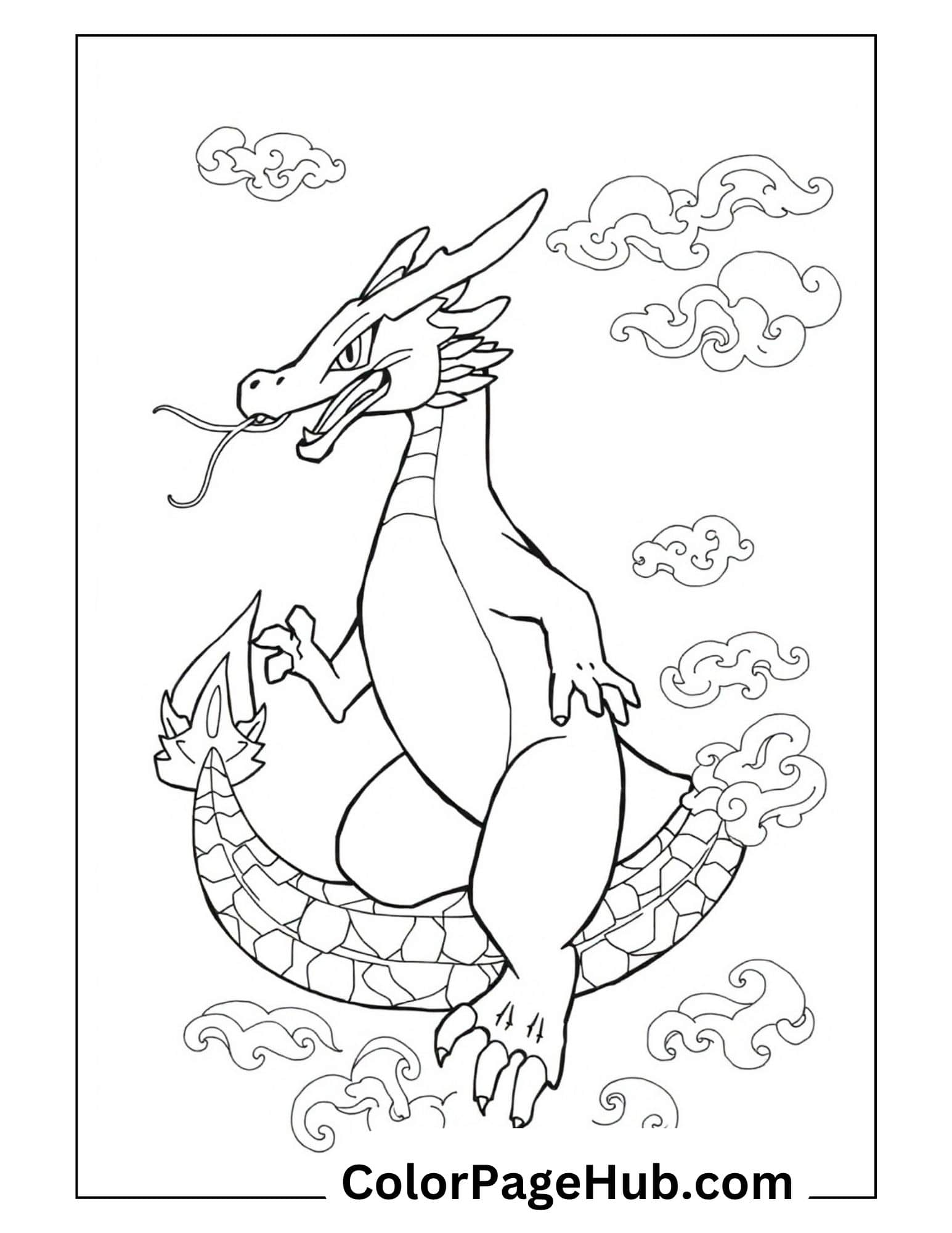 Majestic Charizard flying through clouds with flame tail from Charizard coloring pages collection for kids to print