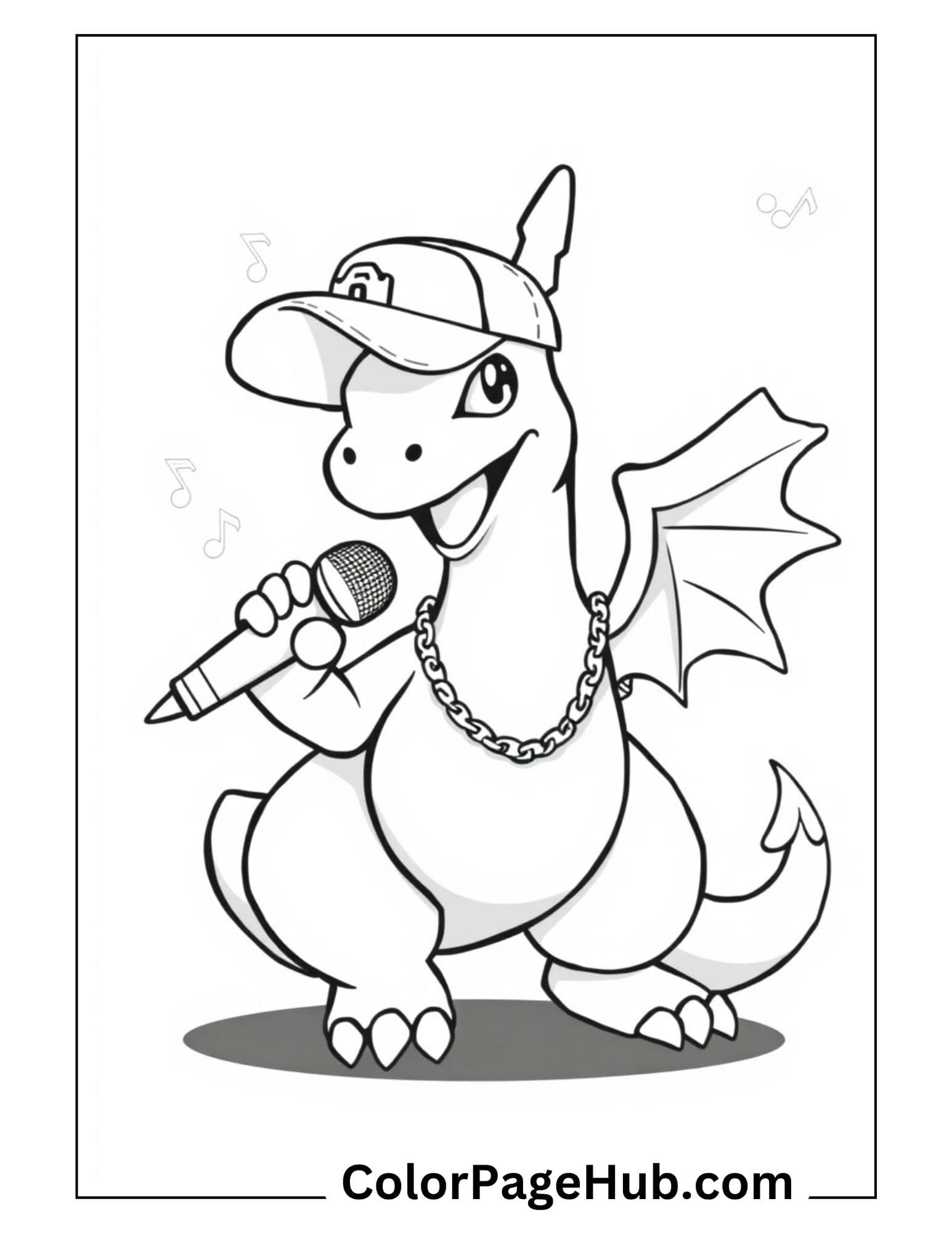 Cool rapper Charizard with microphone and chain from Charizard coloring pages collection for kids to print and color