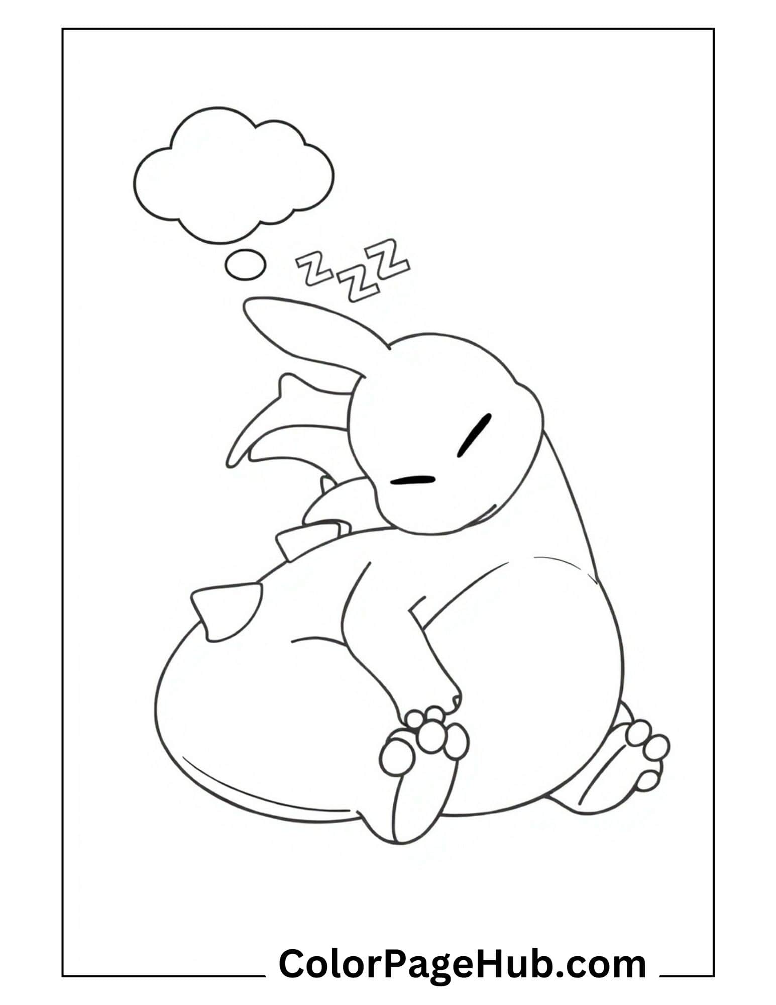 Sleepy baby Charizard napping with dream bubble from Charizard coloring pages collection for kids to print and color