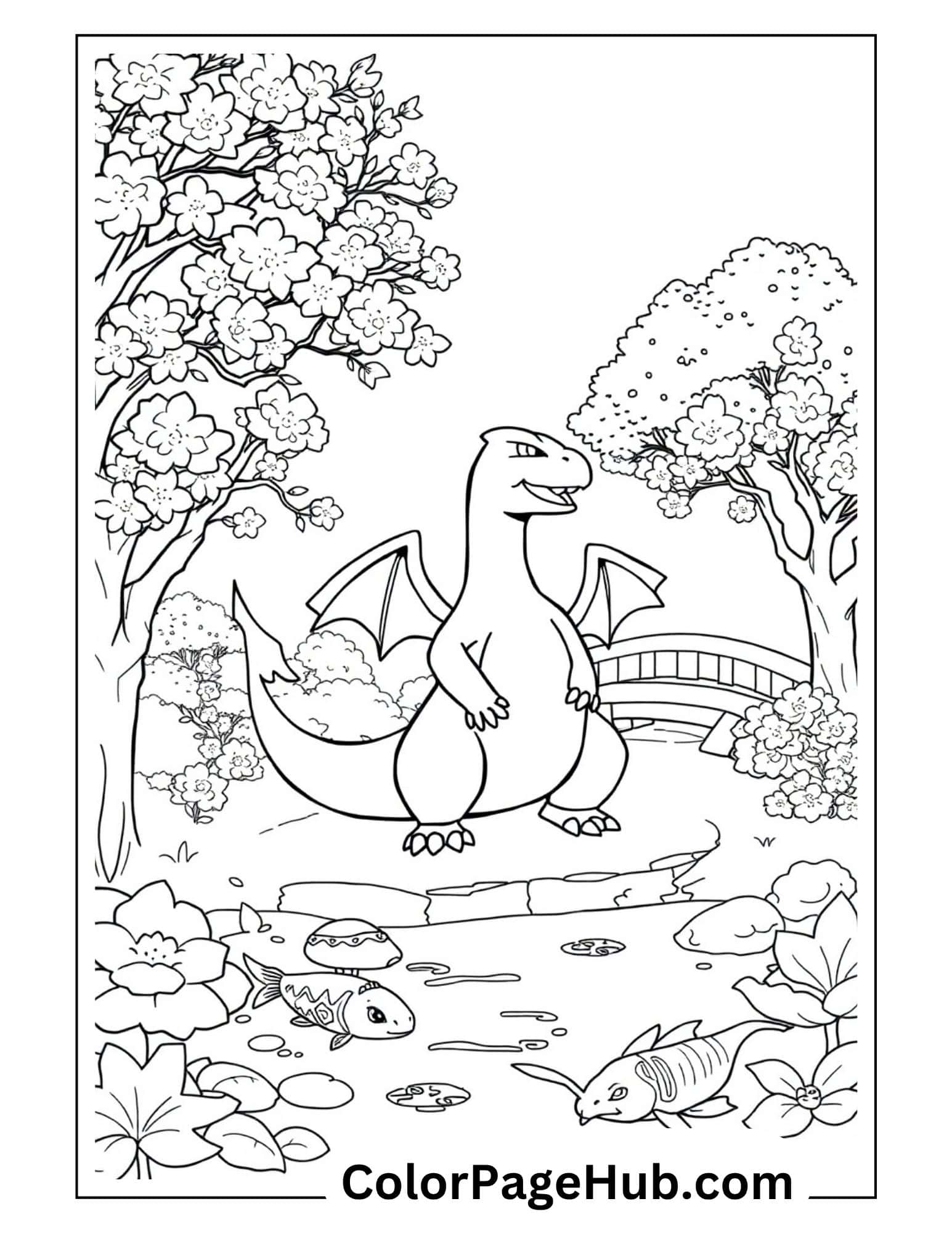 Nature scene Charizard coloring pages - peaceful garden with flowering trees, pond, fish and bridge setting