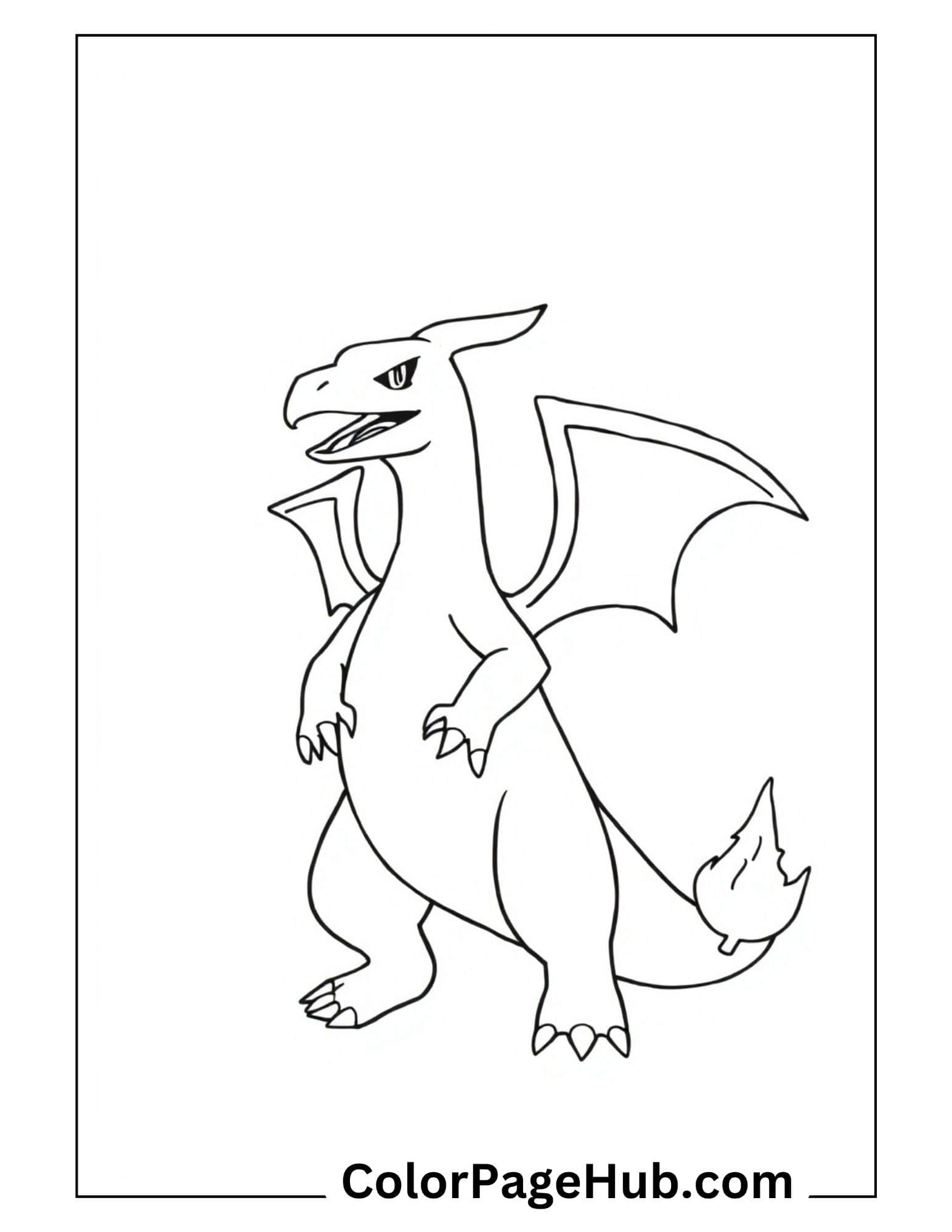 Charizard coloring pages showcasing the fierce Pokemon dragon in standing pose with flaming tail for printable fun