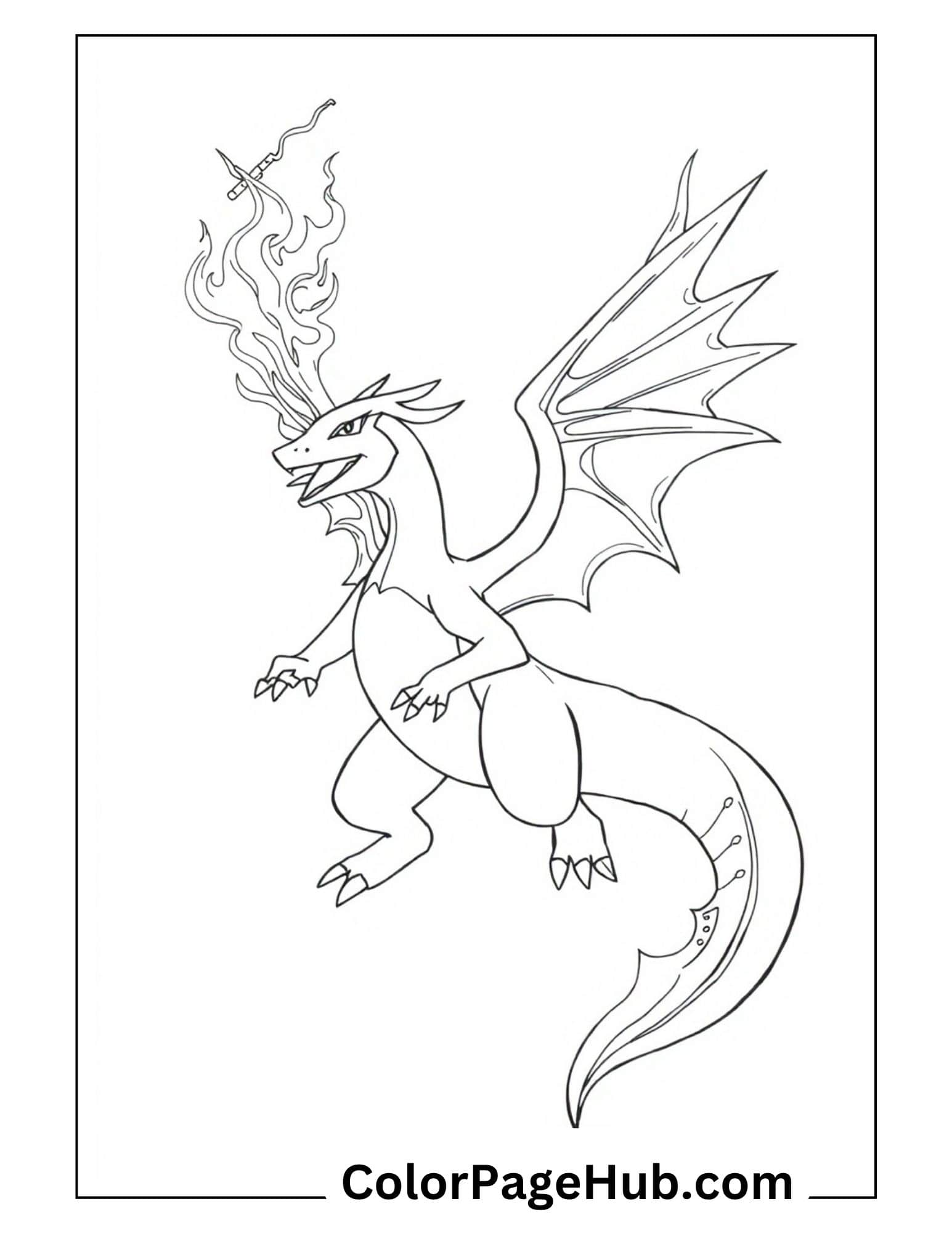 Elegant Charizard dragon with flowing flames from Charizard coloring pages collection perfect for kids to print