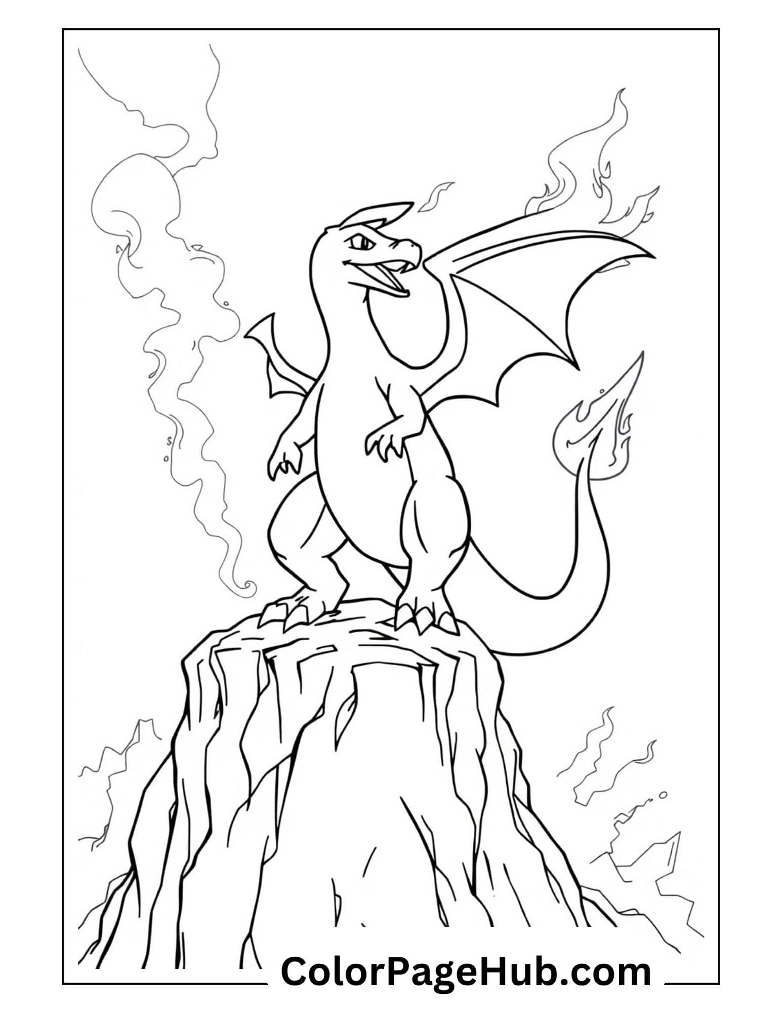 Charizard coloring pages with volcano scene - majestic Pokemon dragon roaring on rocky mountain with flames