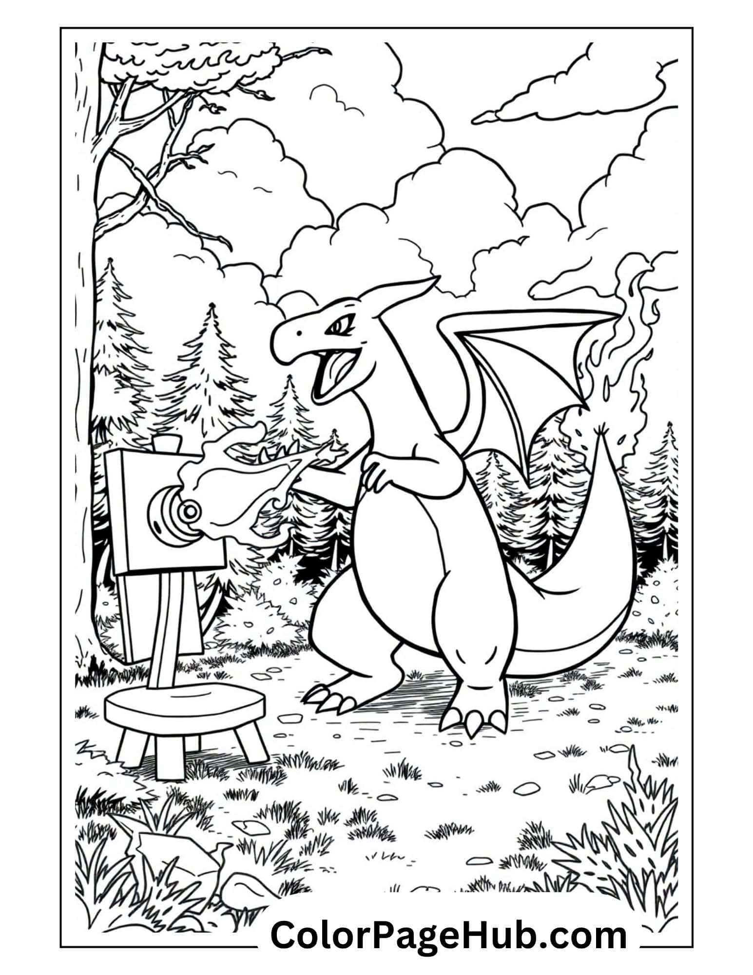 Happy Charizard in forest camping scene from Charizard coloring pages collection perfect for kids to print and color