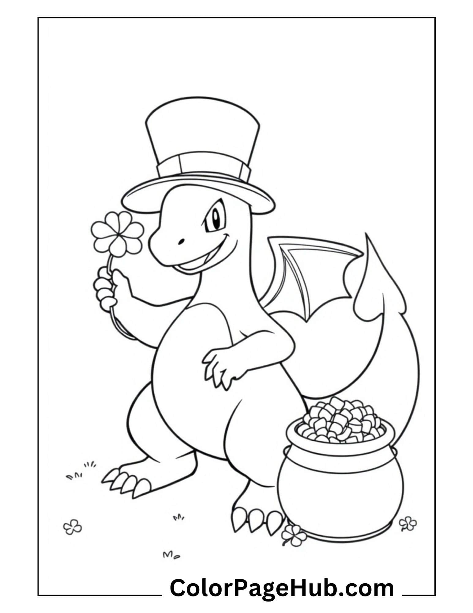 Lucky Charizard leprechaun with top hat and gold pot from Charizard coloring pages collection for kids to print
