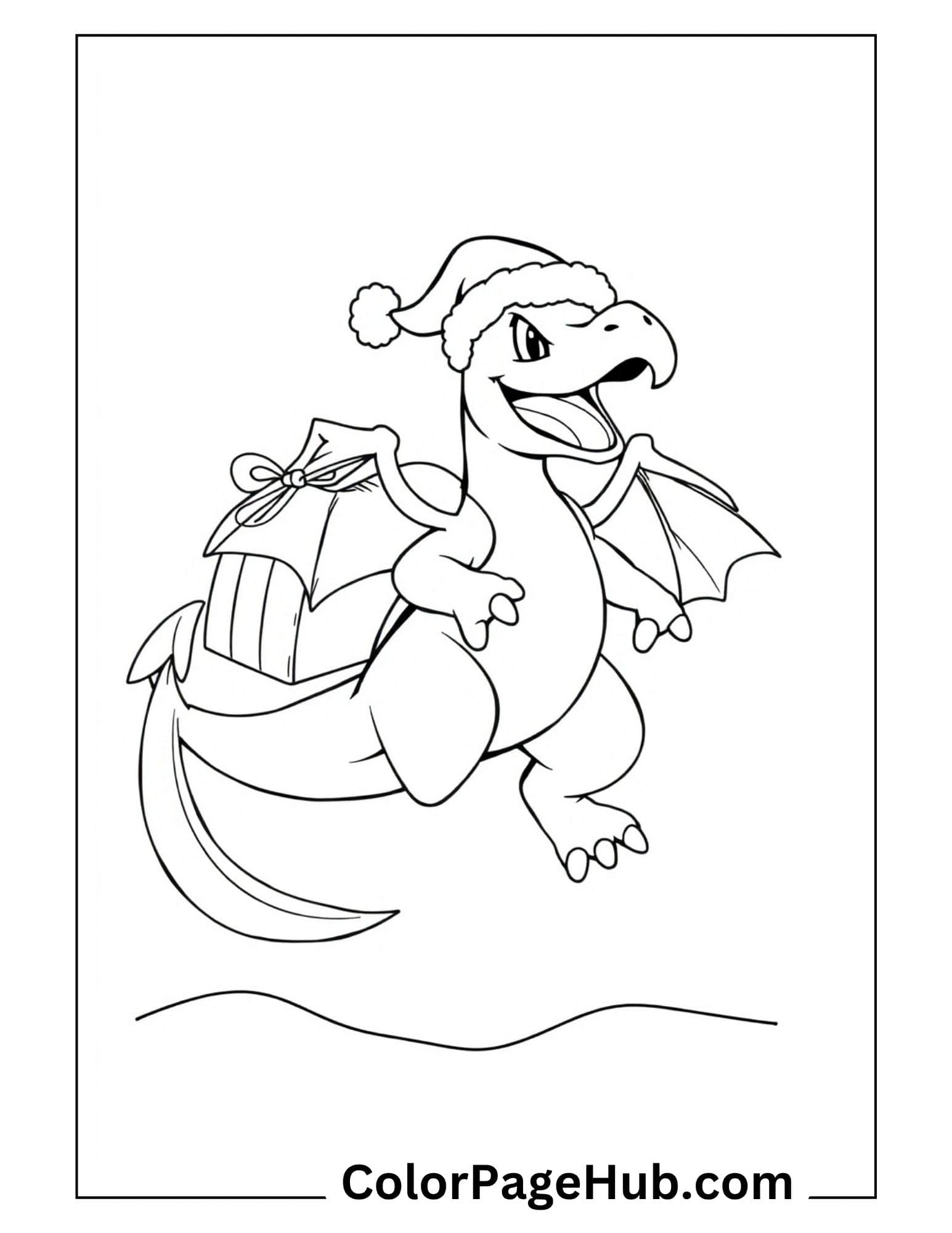 Festive Charizard Santa with gift and hat from Charizard coloring pages collection perfect for kids to print