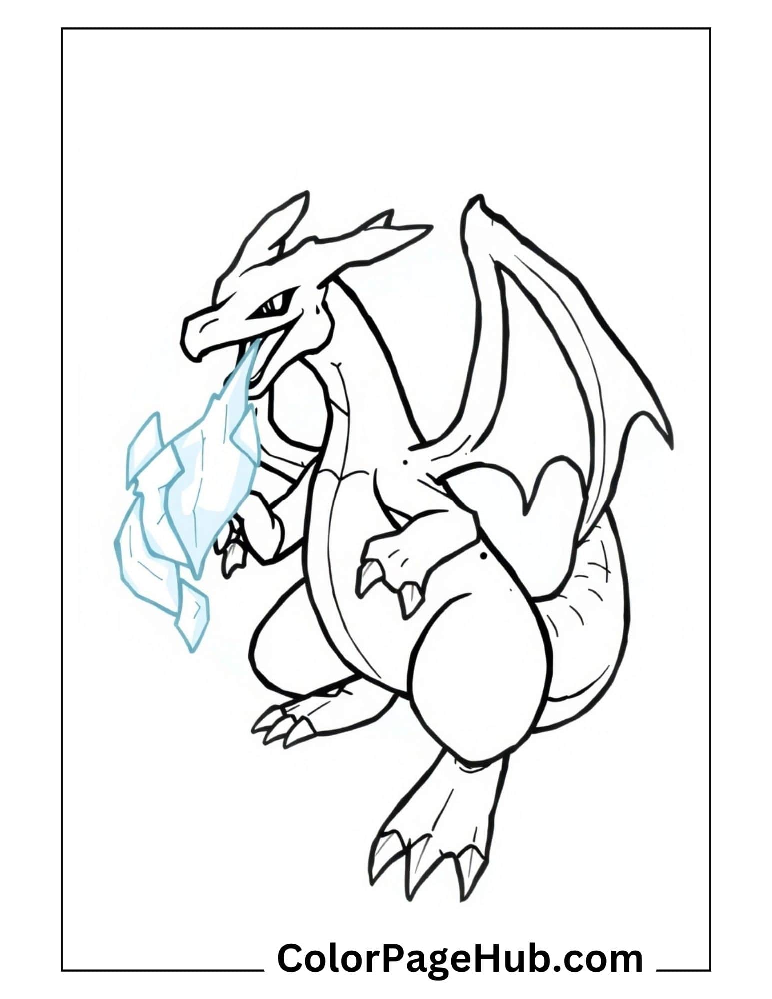 Classic Charizard breathing blue fire from Charizard coloring pages collection perfect for kids to print and color