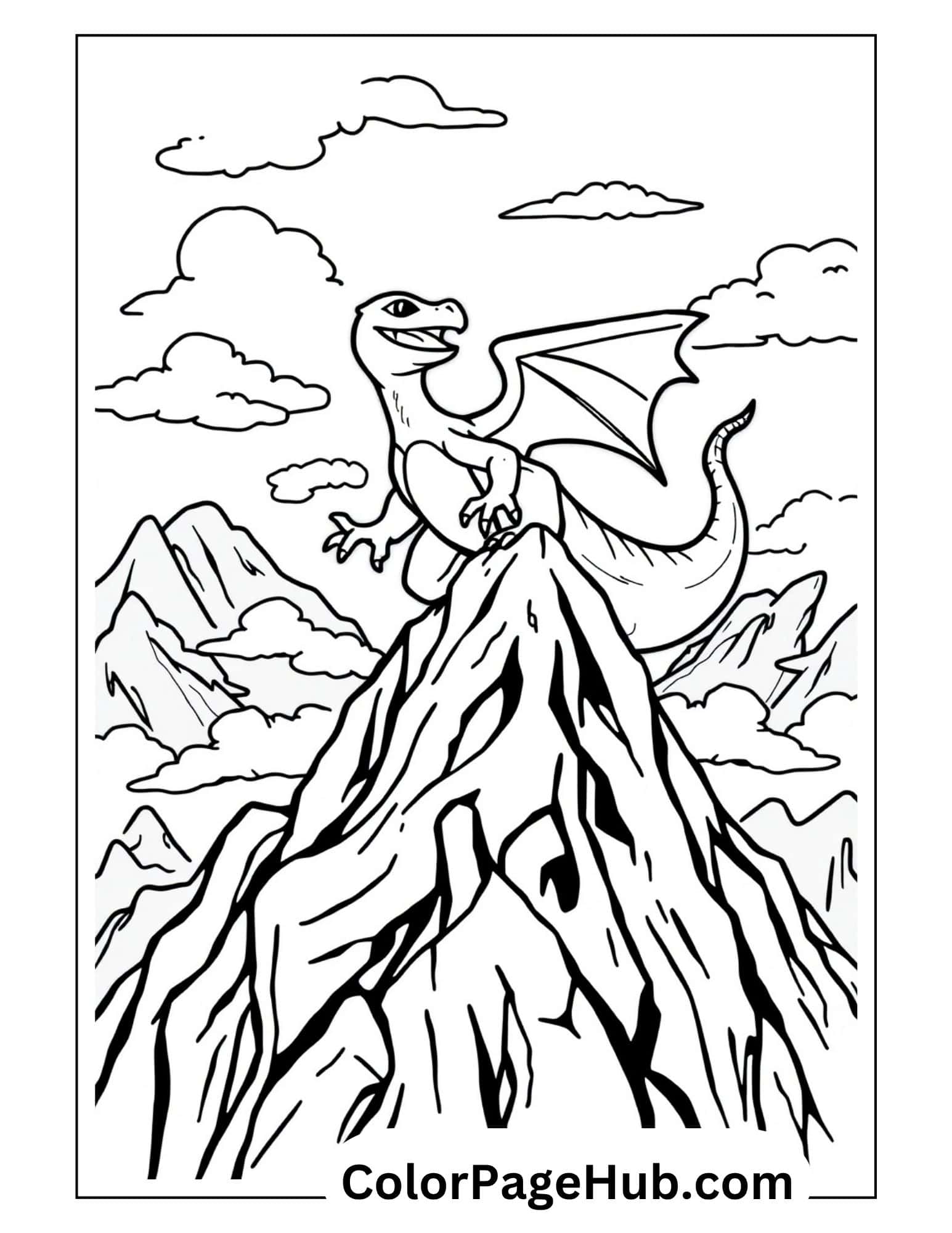 Charizard coloring pages featuring dragon on mountain peak with clouds - free printable outline for kids to color and enjoy