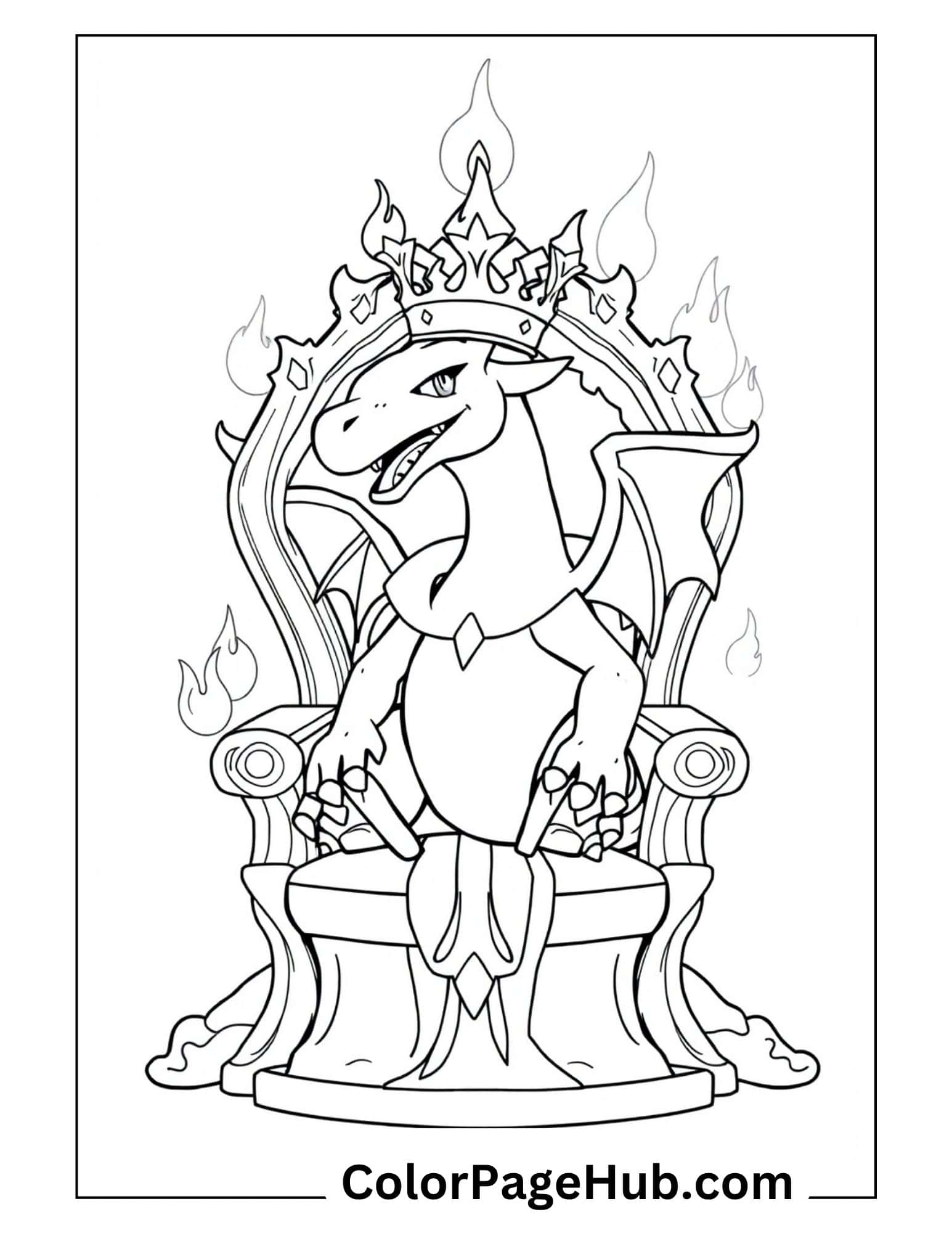 Royal Charizard king on flaming throne with crown from Charizard coloring pages collection for kids to print and color