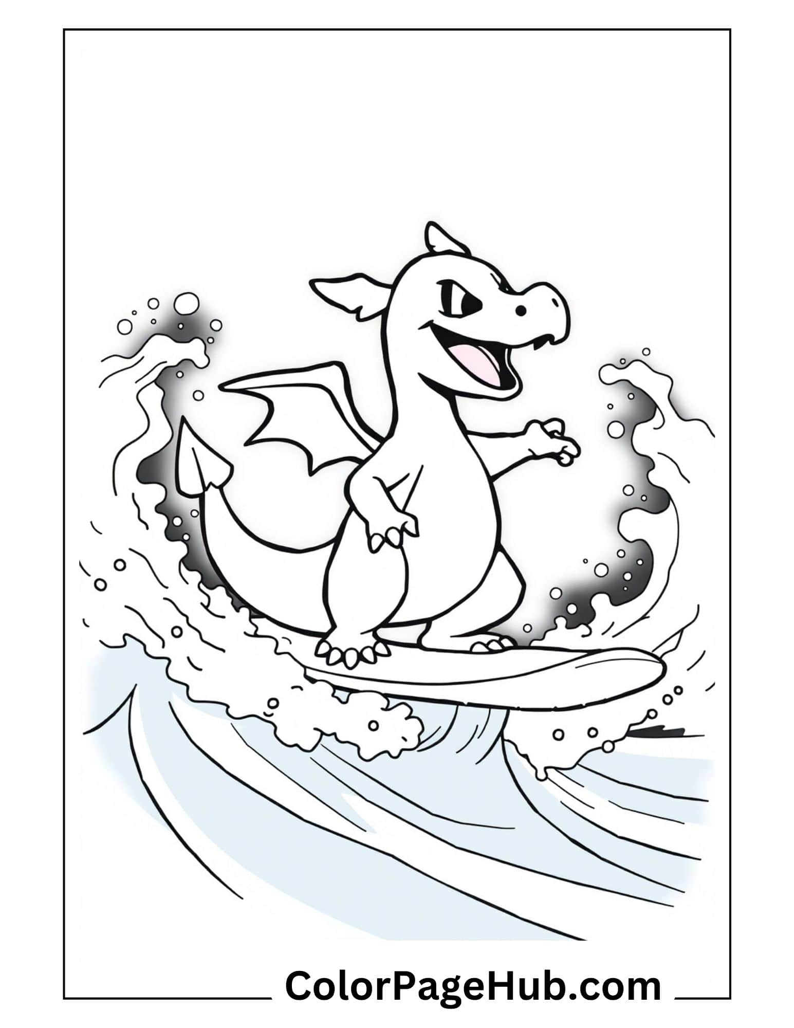 Charizard surfing on ocean waves from Charizard coloring pages collection perfect for kids to print and color