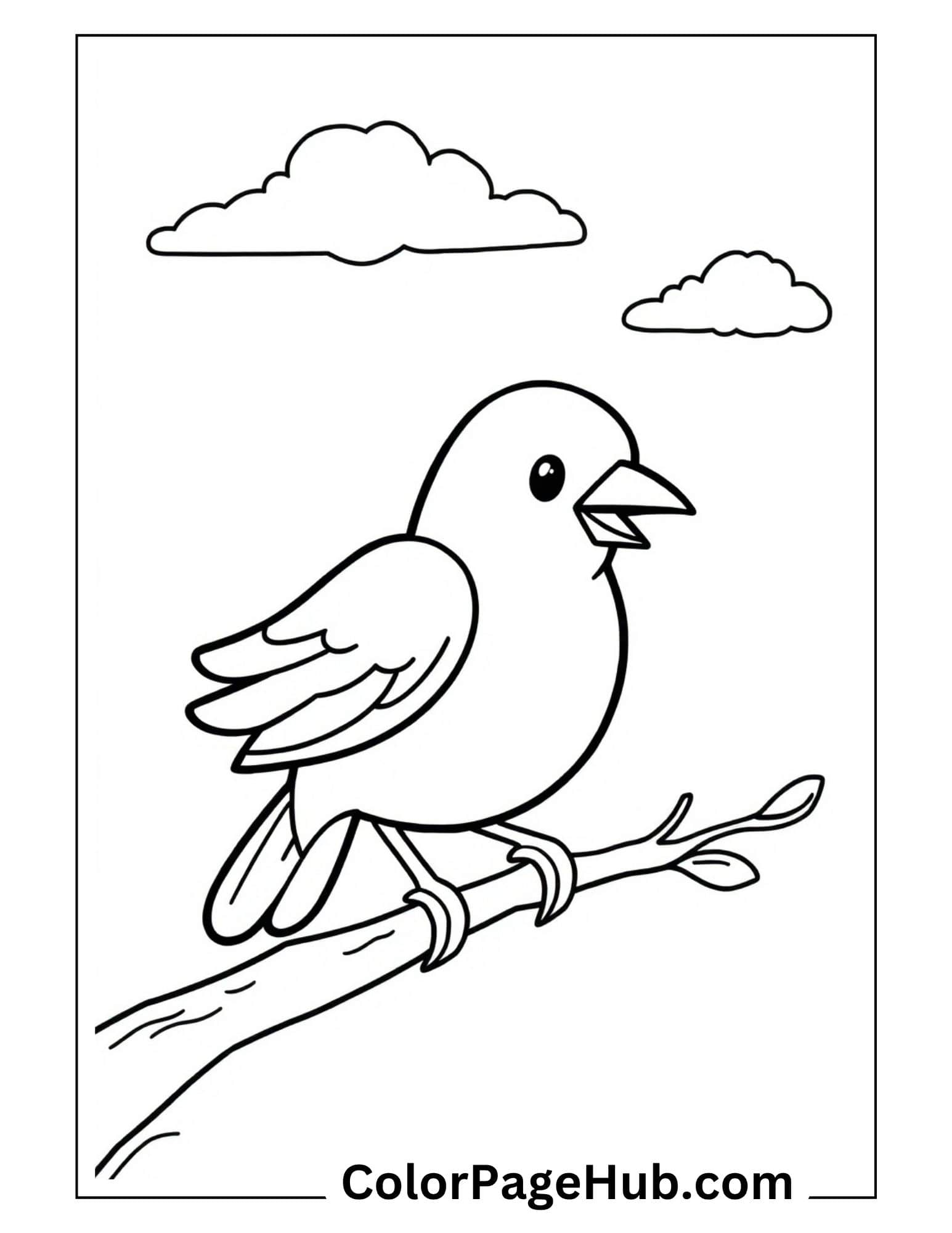 Bird coloring pages with simple dove perched on branch under fluffy clouds - easy printable nature scene design