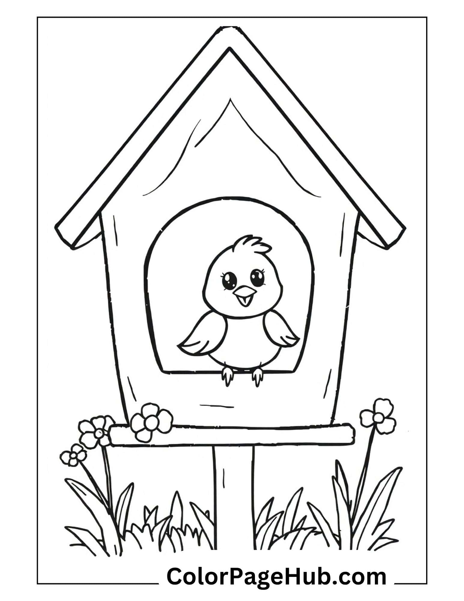 Bird coloring pages with cute baby bird in wooden birdhouse surrounded by flowers - charming garden scene design