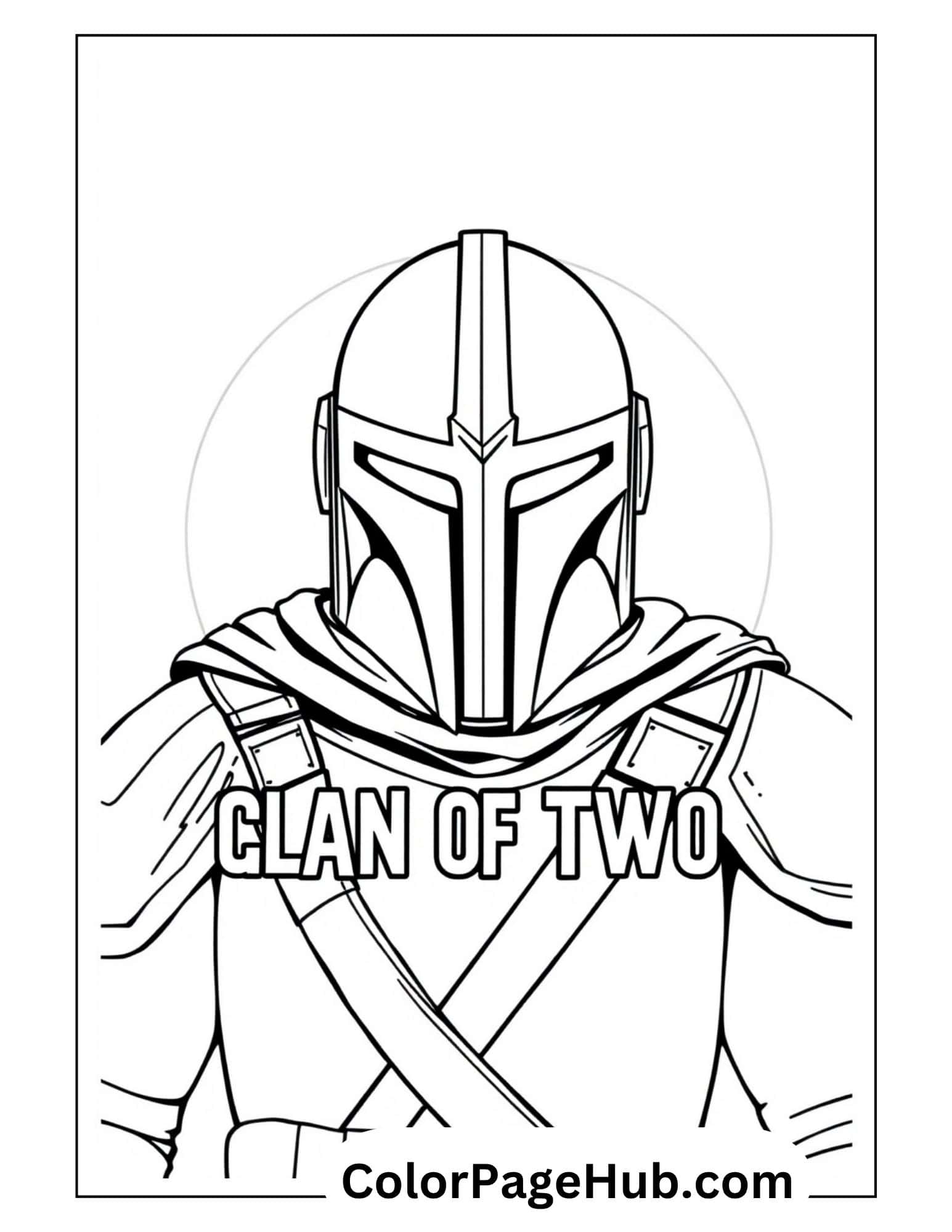 Mandalorian coloring pages featuring 'Clan of Two' Din Djarin portrait - free printable Star Wars family coloring sheet