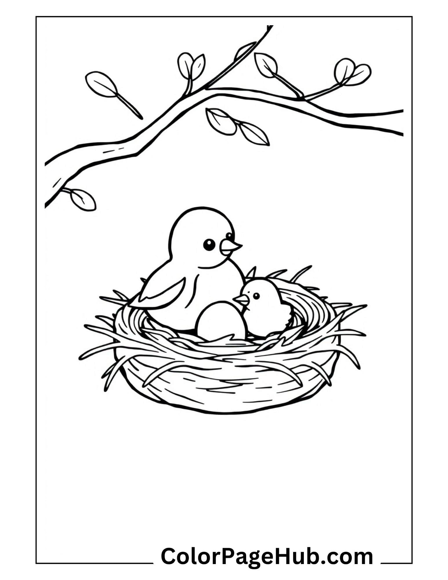 Bird coloring pages showing mother bird with baby chick in nest under tree branch - cute family scene for kids