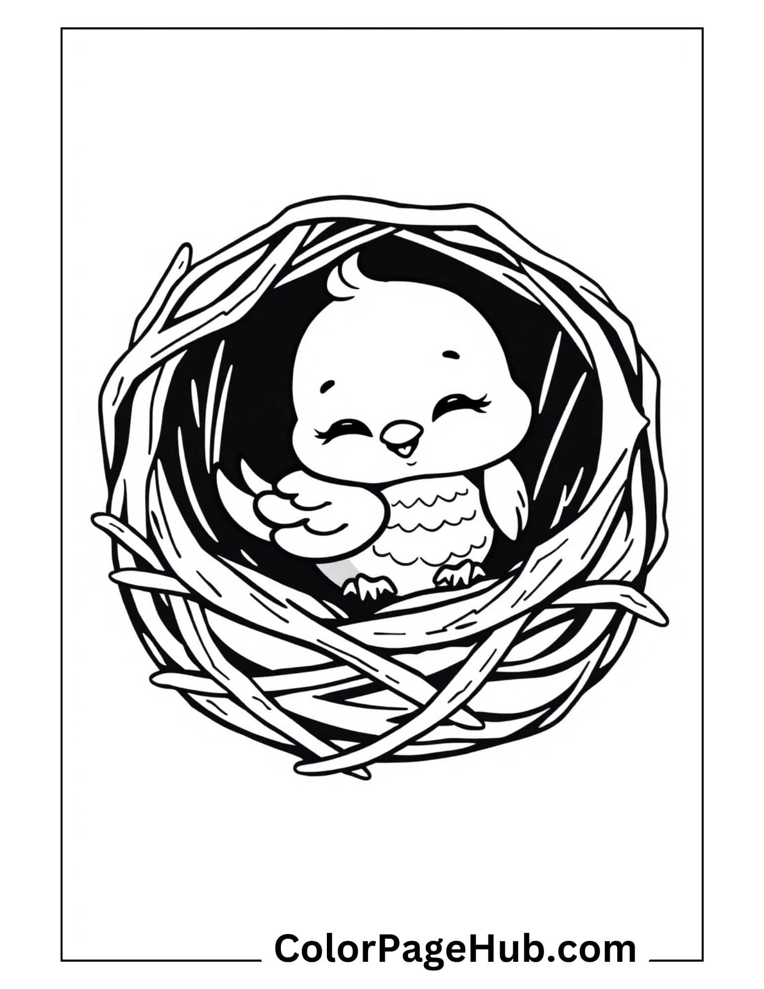 Bird coloring pages featuring cute baby bird sleeping peacefully in cozy nest - printable nursery themed design