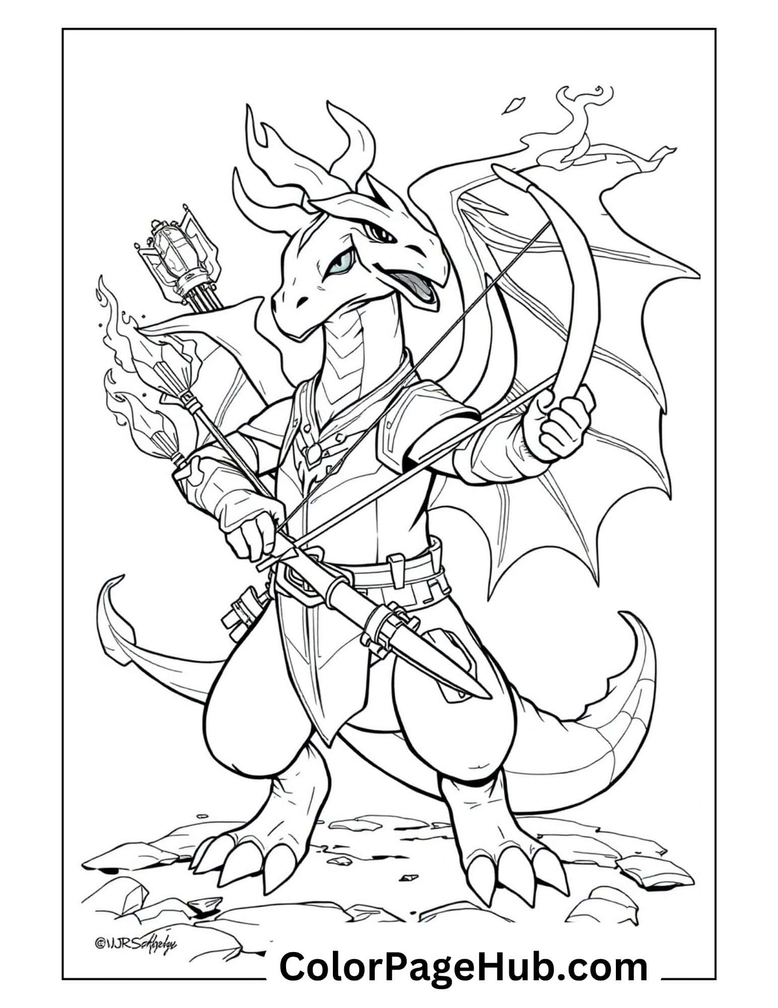 Charizard Coloring Pages: dragon warrior with bow and arrow in battle stance on rocky terrain outline for kids