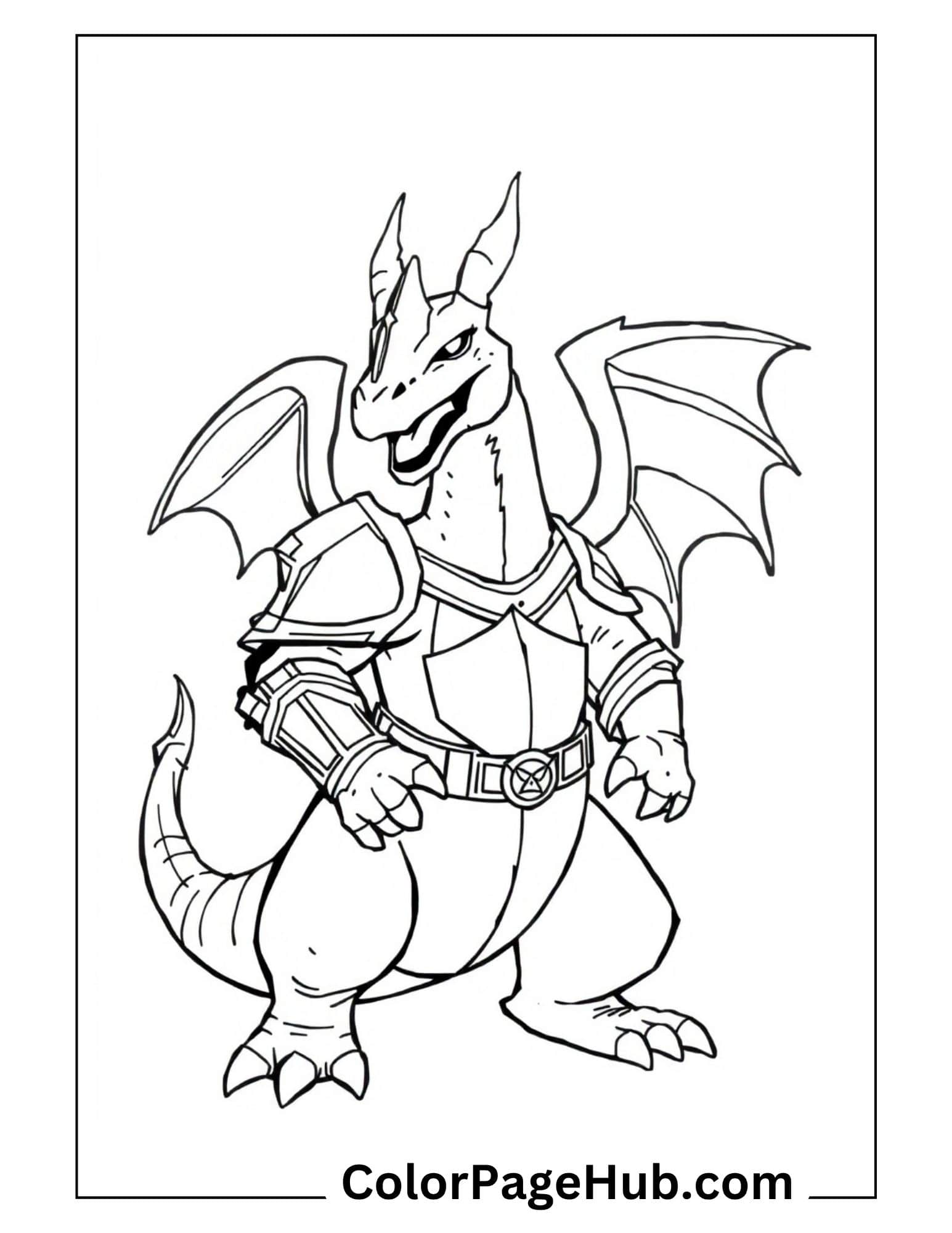 Warrior Charizard coloring pages in armor - heroic Pokemon dragon knight with wings and protective gear