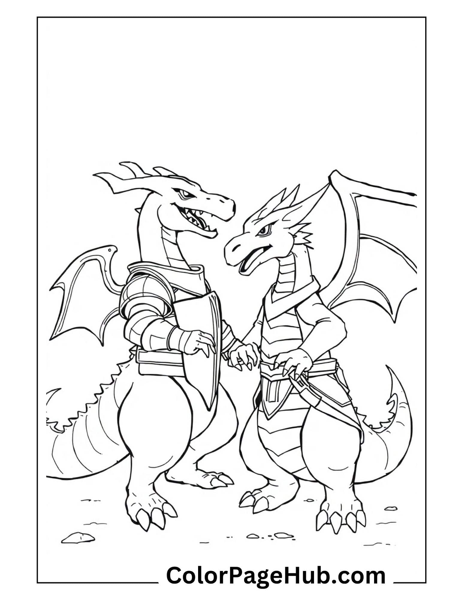Knight warrior Charizard coloring pages - two armored dragon Pokemon with sword and shield ready to battle