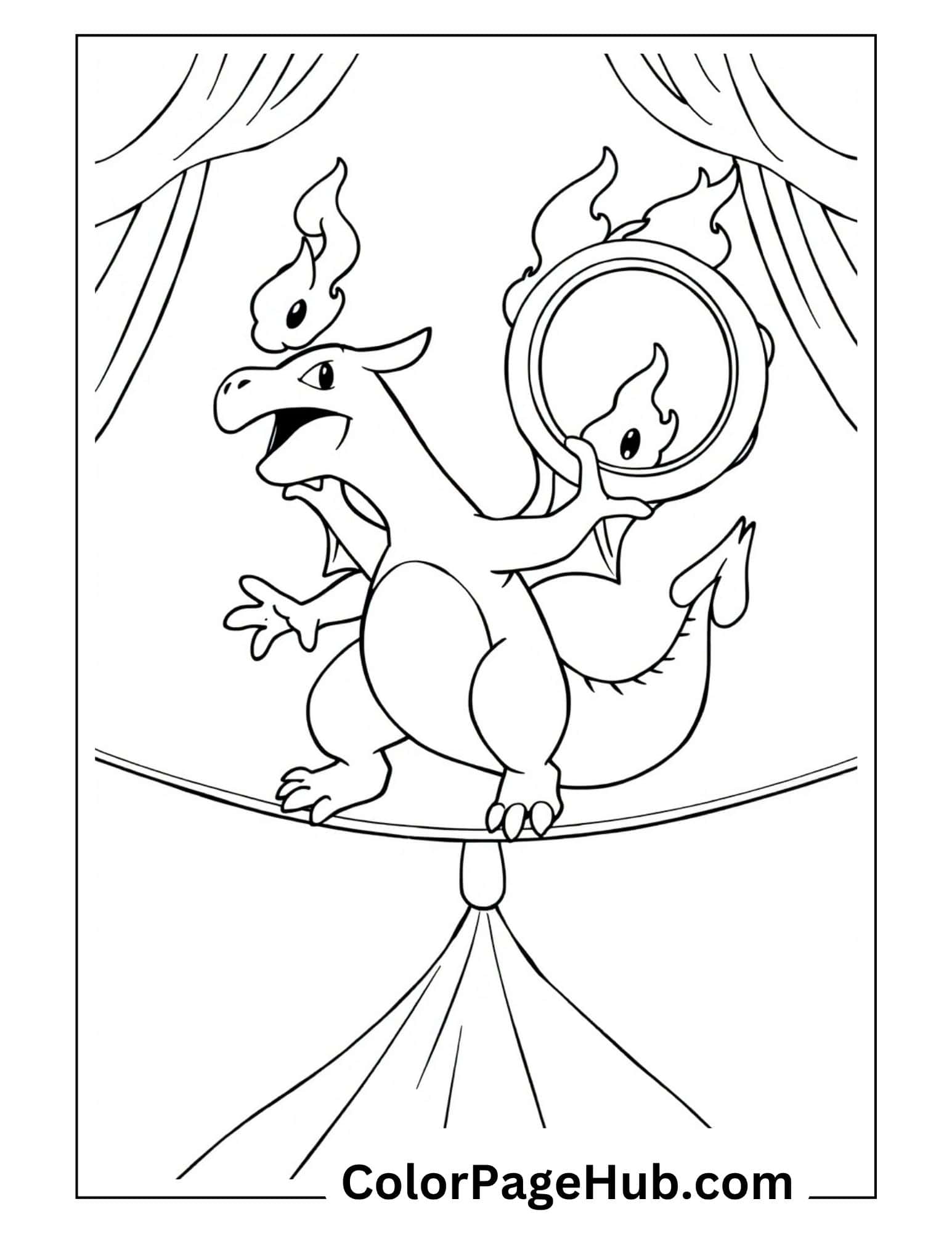Charizard Coloring Pages: circus performer balancing on tightrope with flaming hoop under big tent outline