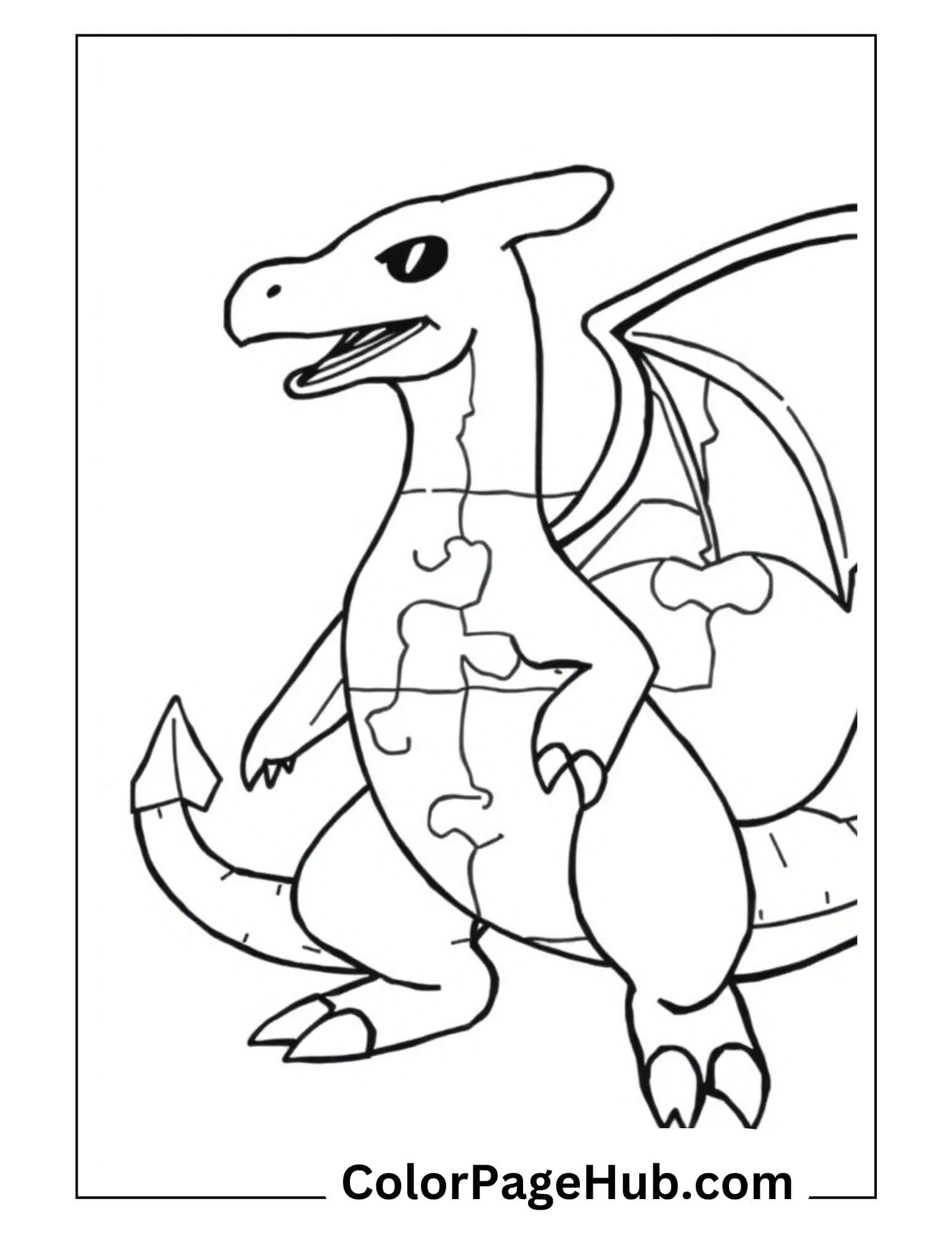 Charizard Coloring Pages: dragon with spread wings and jigsaw puzzle piece overlay design outline for kids