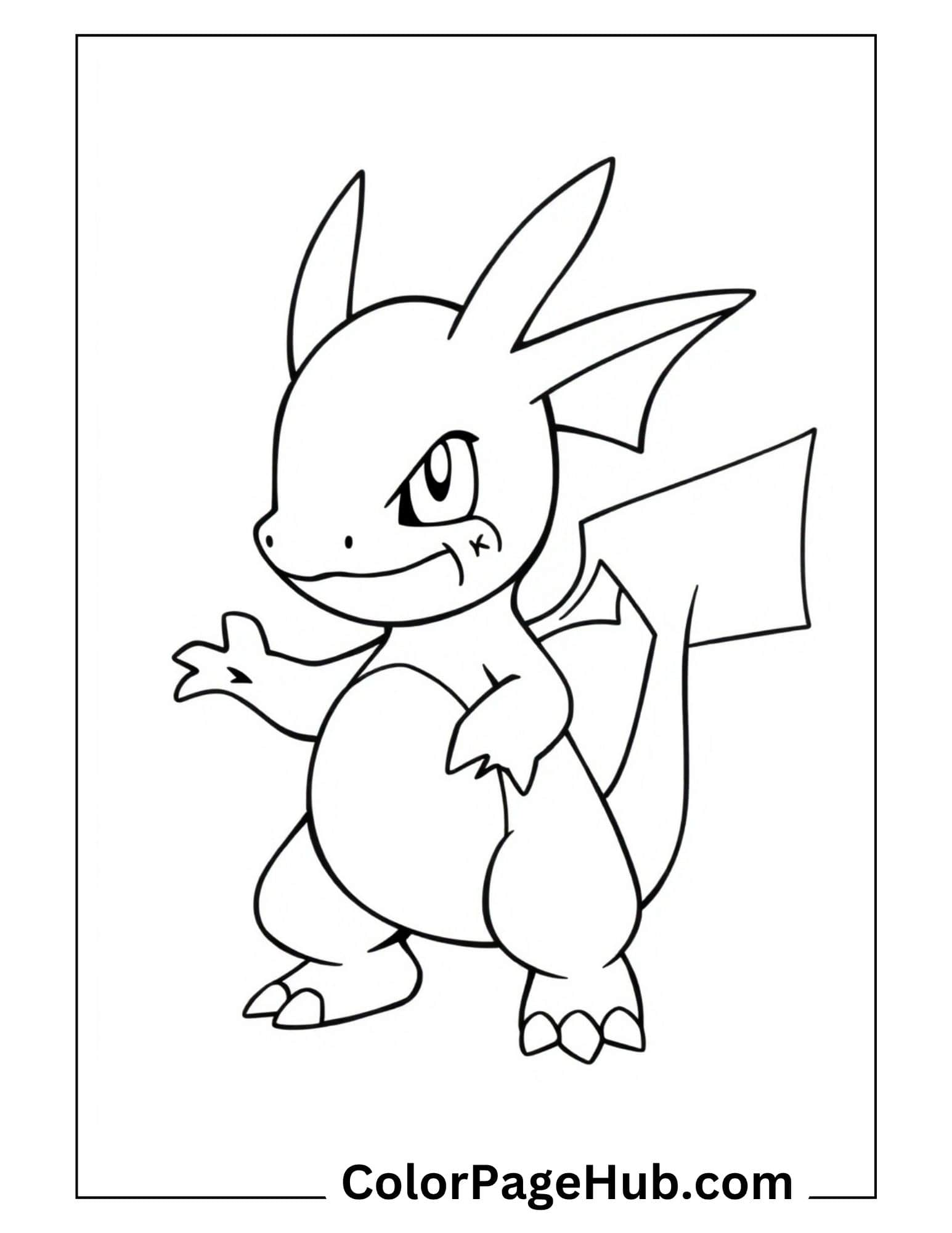 Charizard Coloring Pages: adorable baby dragon with small wings and playful expression outline for kids
