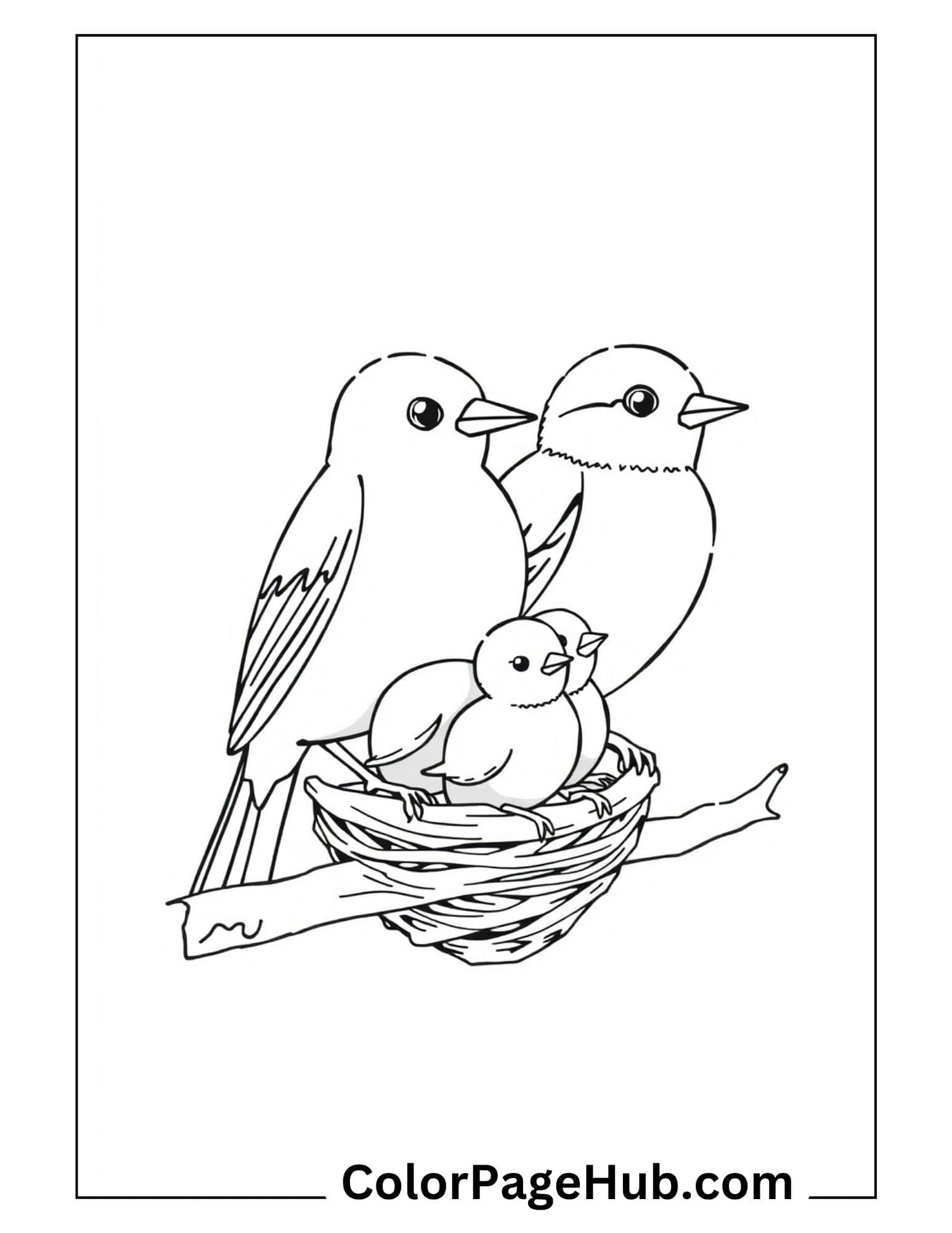 Bird coloring pages with loving bird family - parent birds caring for baby chick in nest on tree branch design