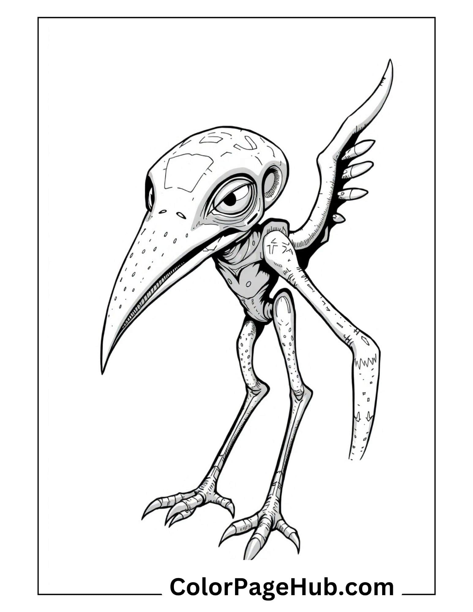 Bird coloring pages featuring fantasy skeletal bird creature with curved beak and wings - unique printable design
