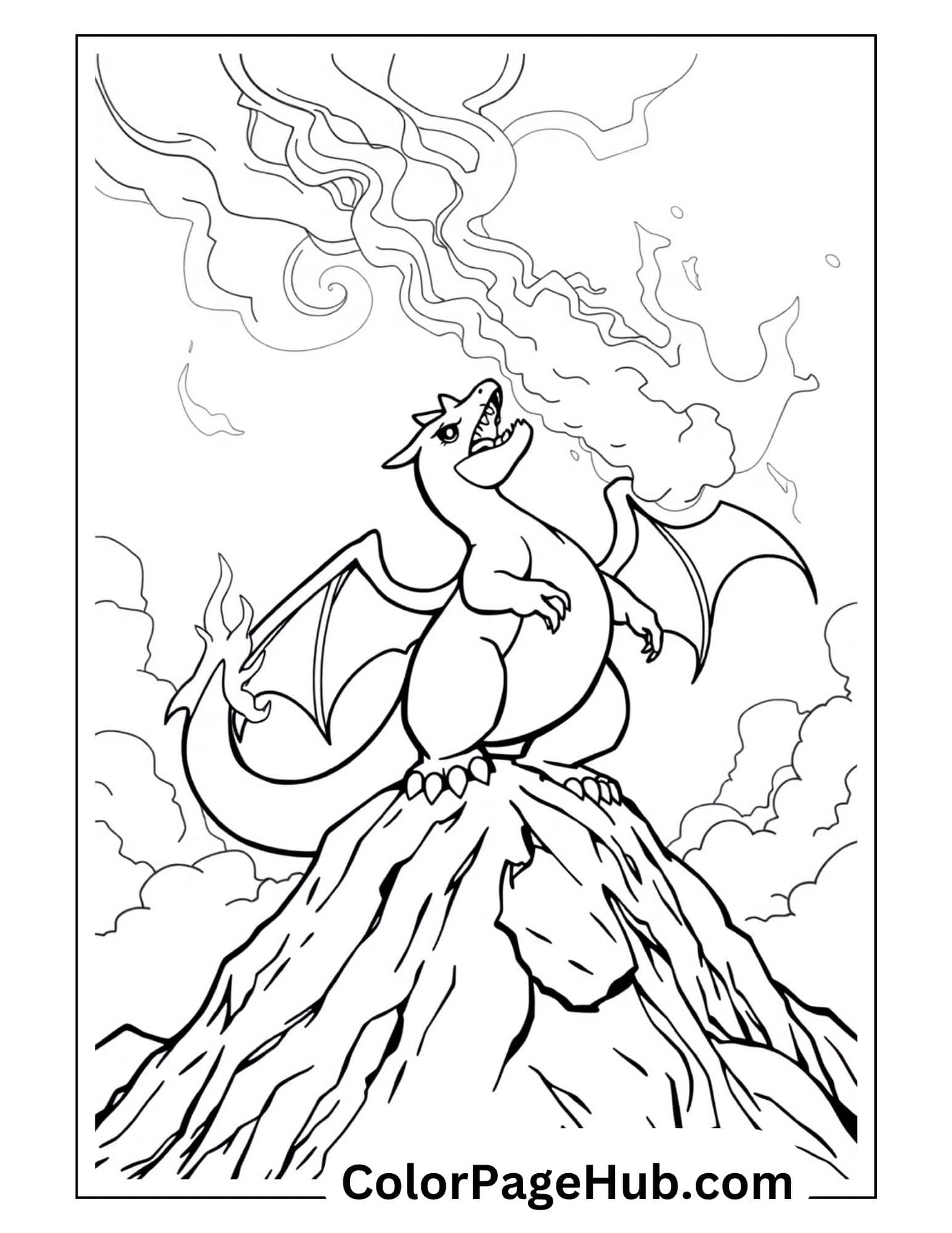 Powerful Charizard on volcano breathing fire from Charizard coloring pages collection perfect for kids to print