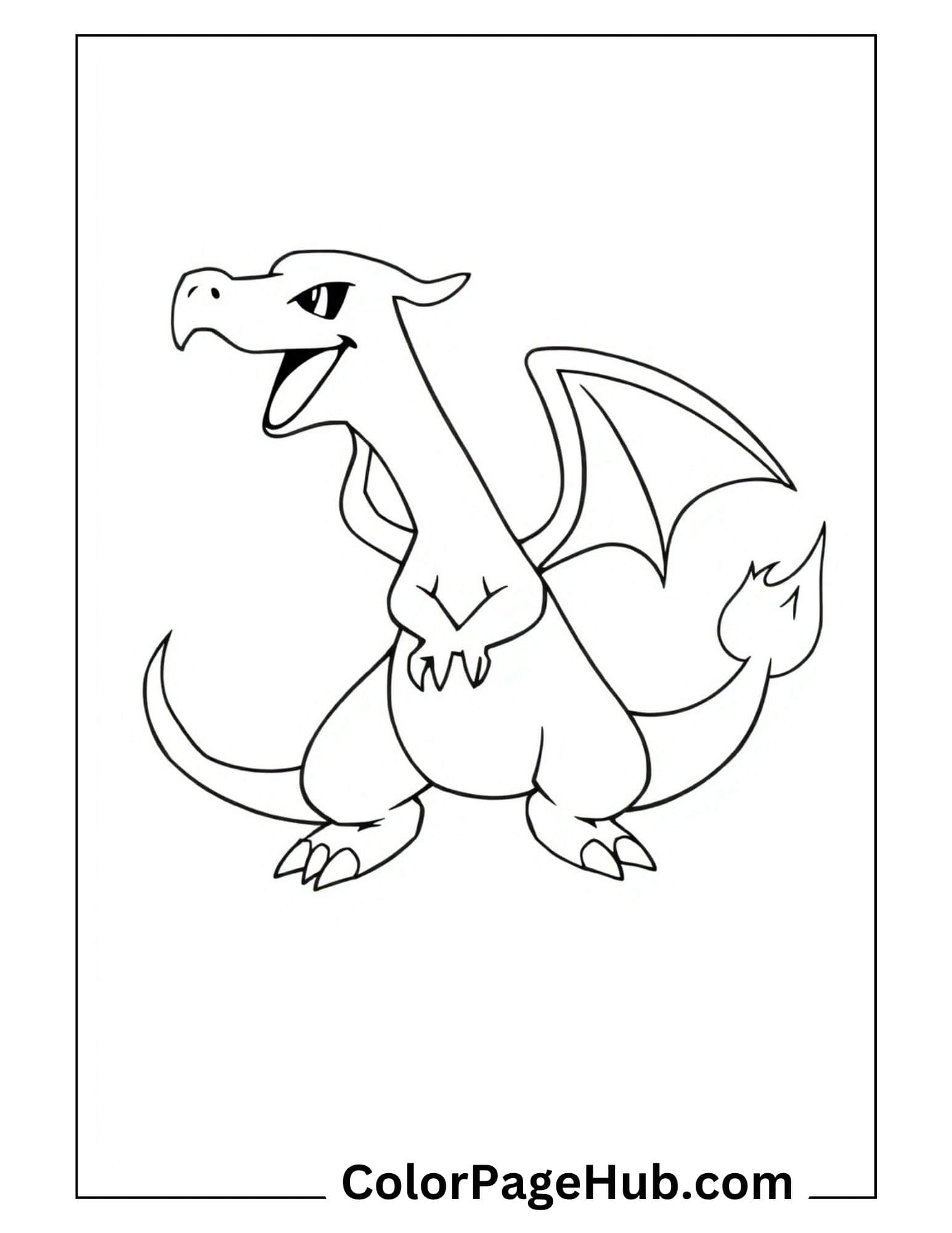 Free Charizard coloring pages featuring the beloved Pokemon dragon with wings spread, perfect for kids' creative activities